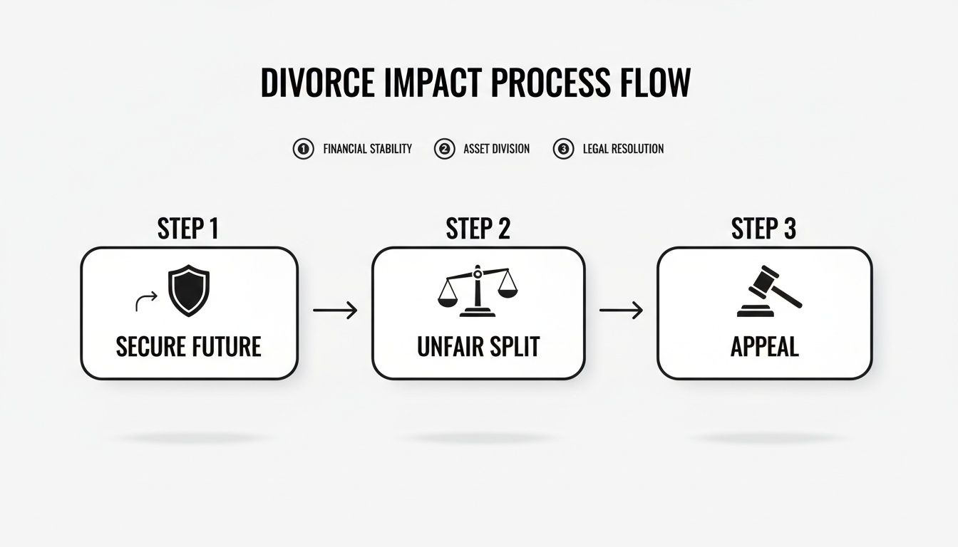 Divorce impact process flow diagram showing steps for financial stability, asset division, and legal resolution.
