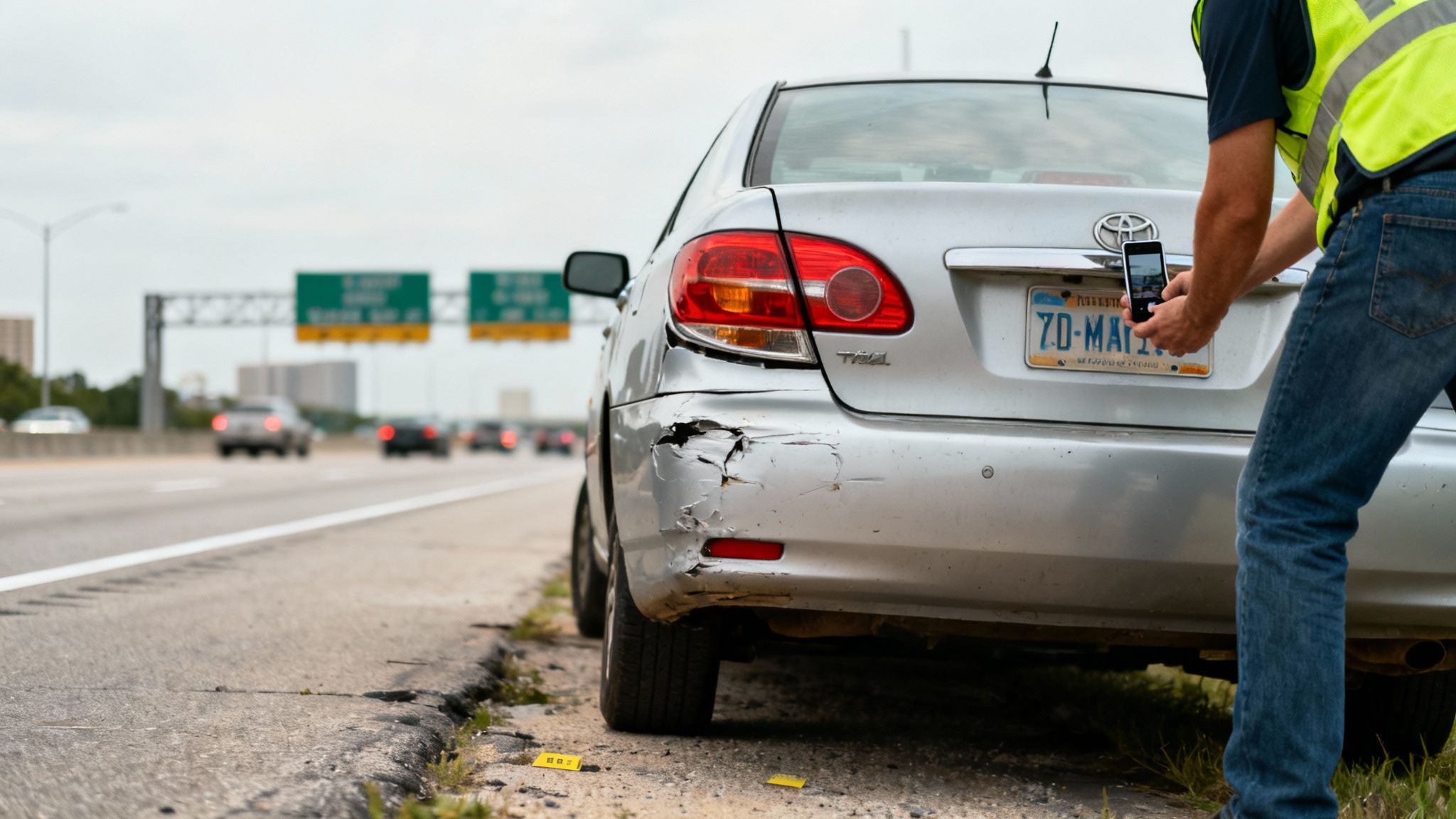 A driver taking a photo of car damage with their smartphone after a collision.
