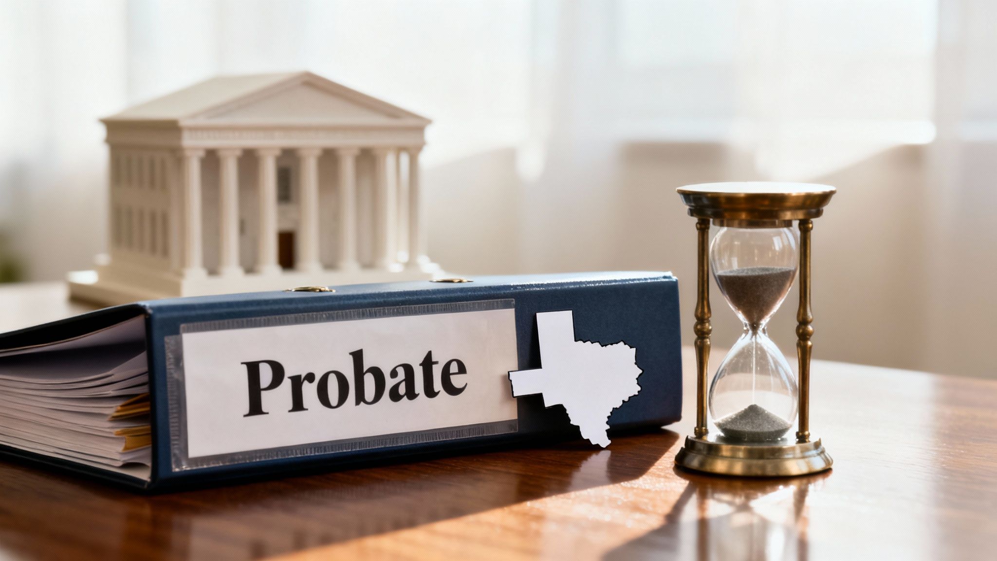 A blue binder labeled 'Probate' with a Texas map cutout, an hourglass, and a courthouse model.