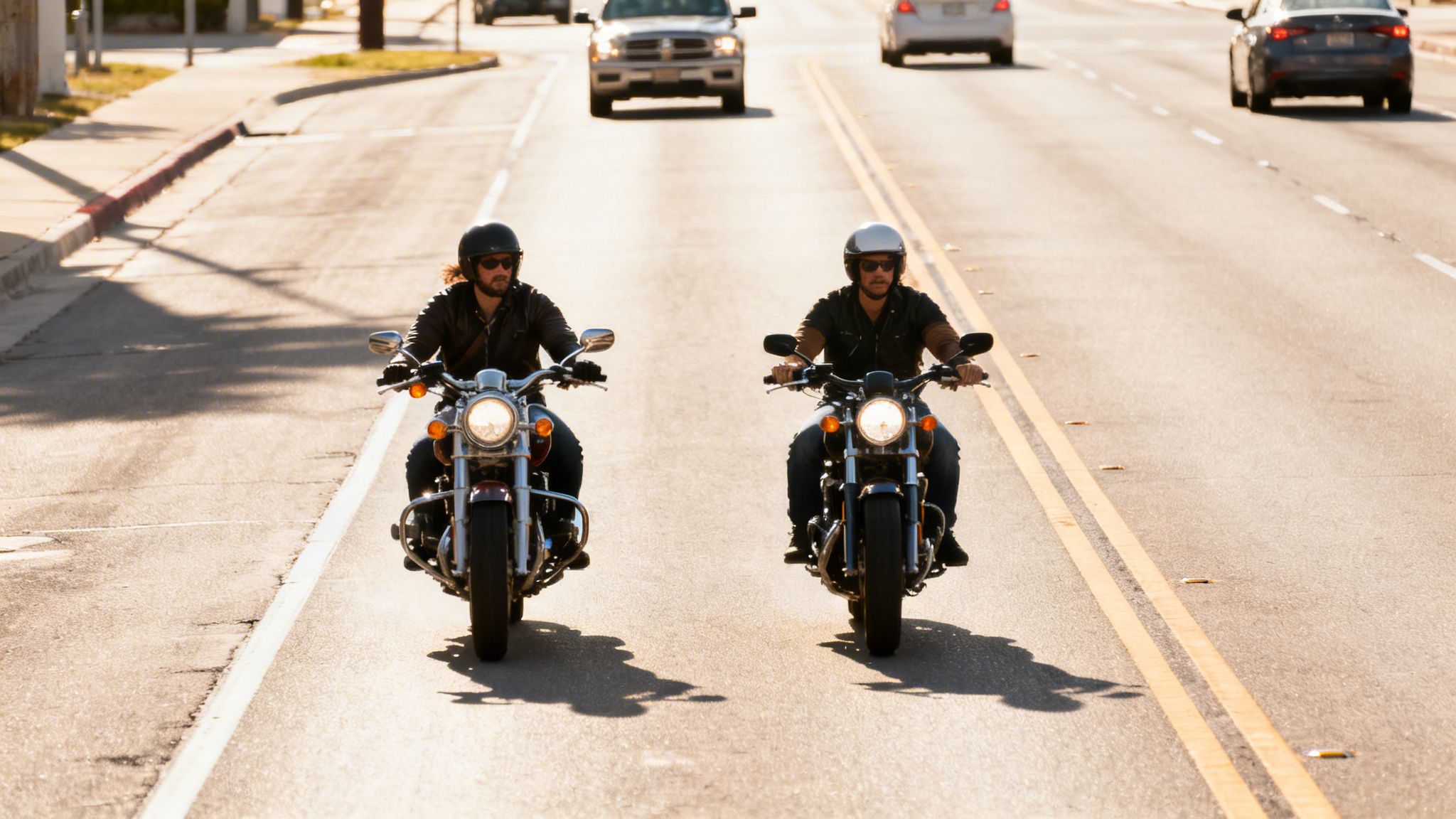 Two men on motorcycles riding side-by-side on a sunlit road, wearing helmets and sunglasses.