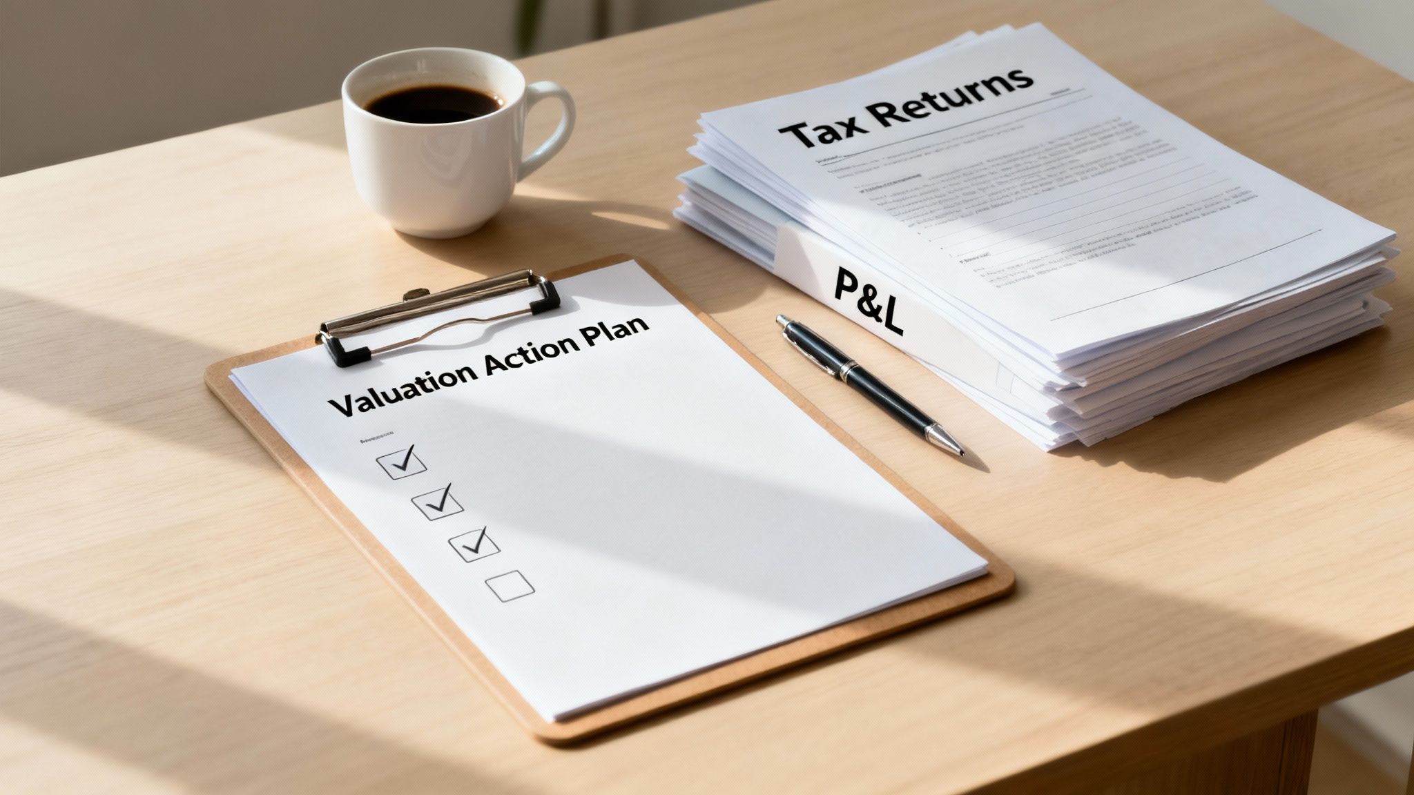 Desk with a 'Valuation Action Plan', 'Tax Returns', 'P&L' documents, a pen, and a coffee mug.