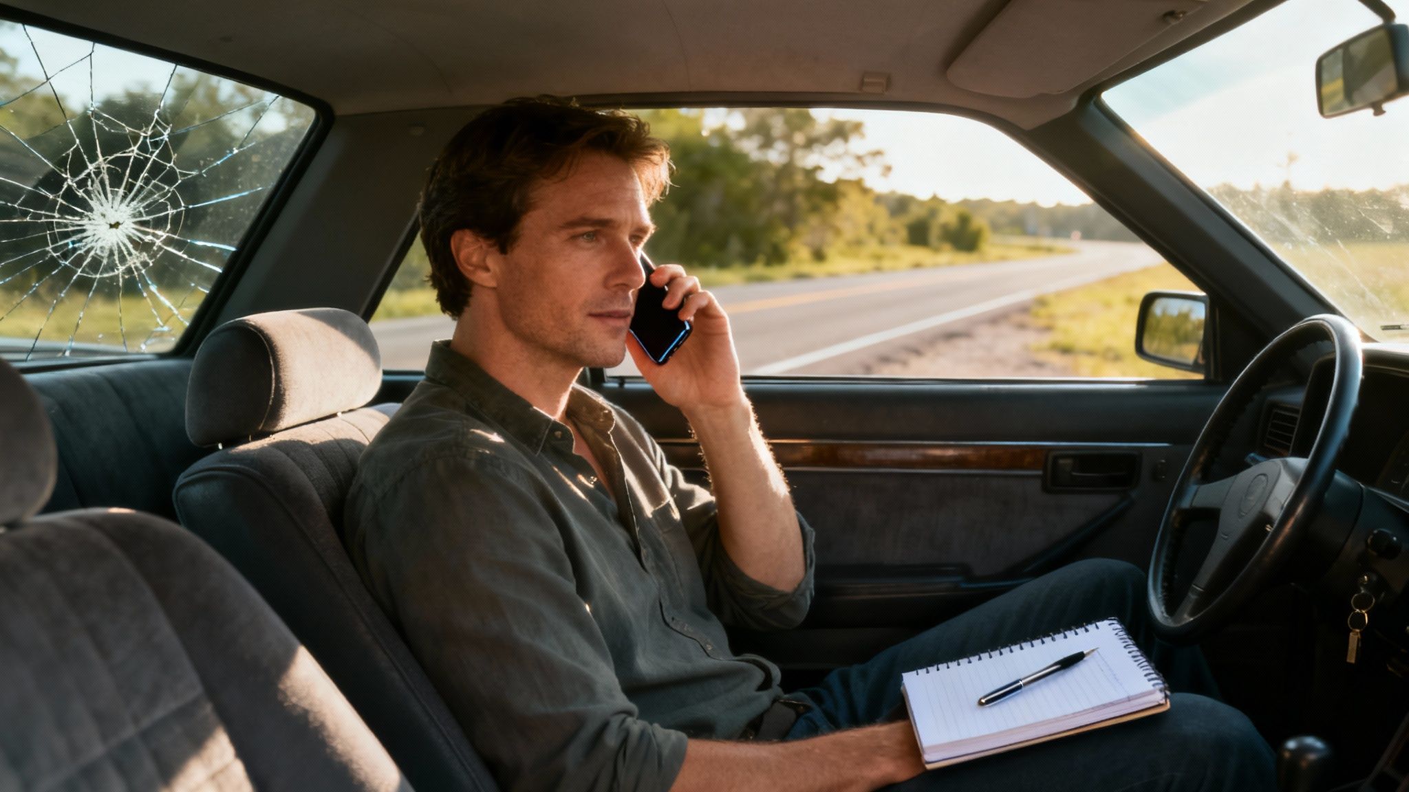 A person sits at a desk, looking concerned while on the phone, with car accident documents nearby.