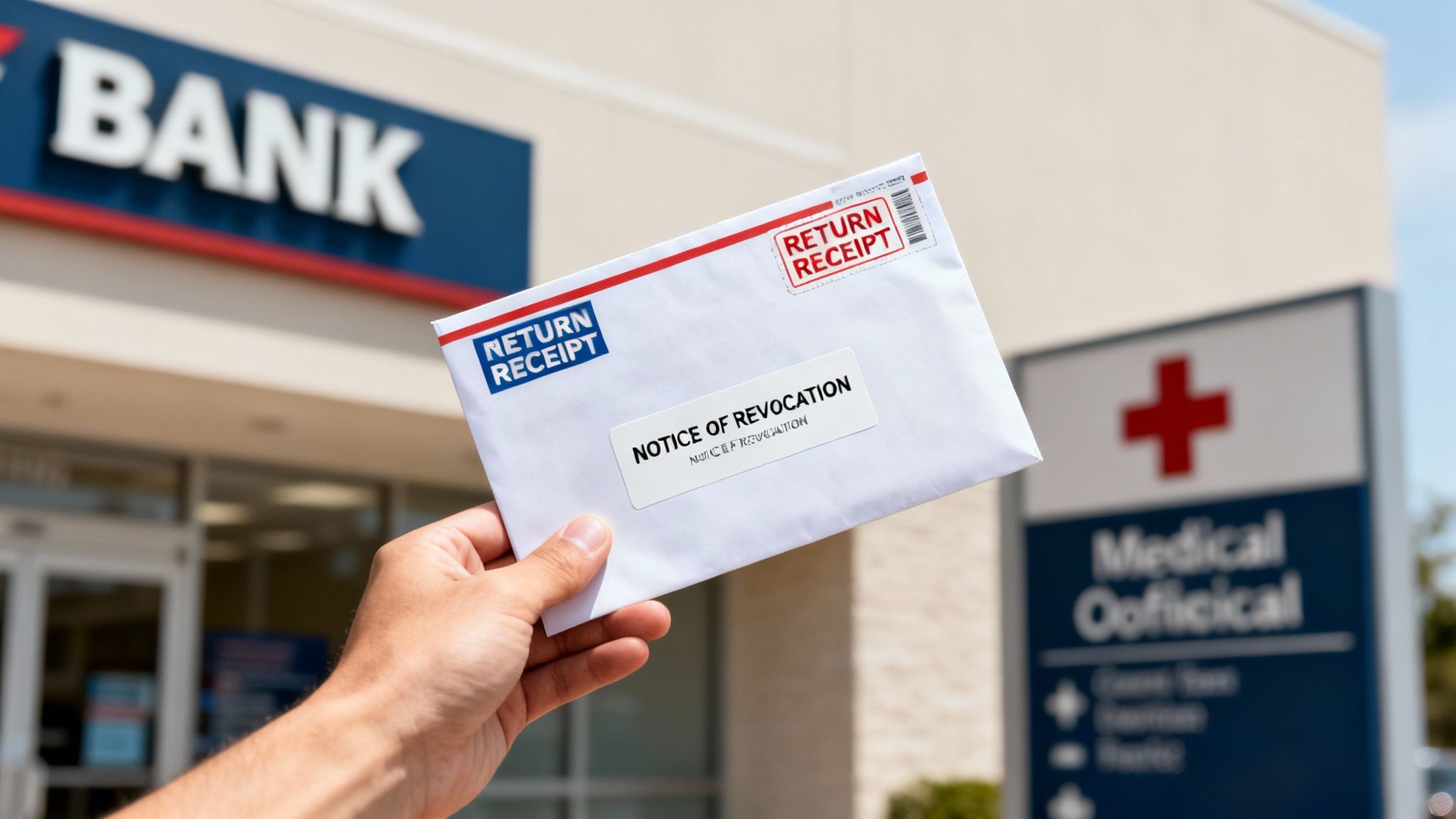 A hand holds an envelope labeled 'Notice of Revocation' and 'Return Receipt' in front of a bank and a medical building.