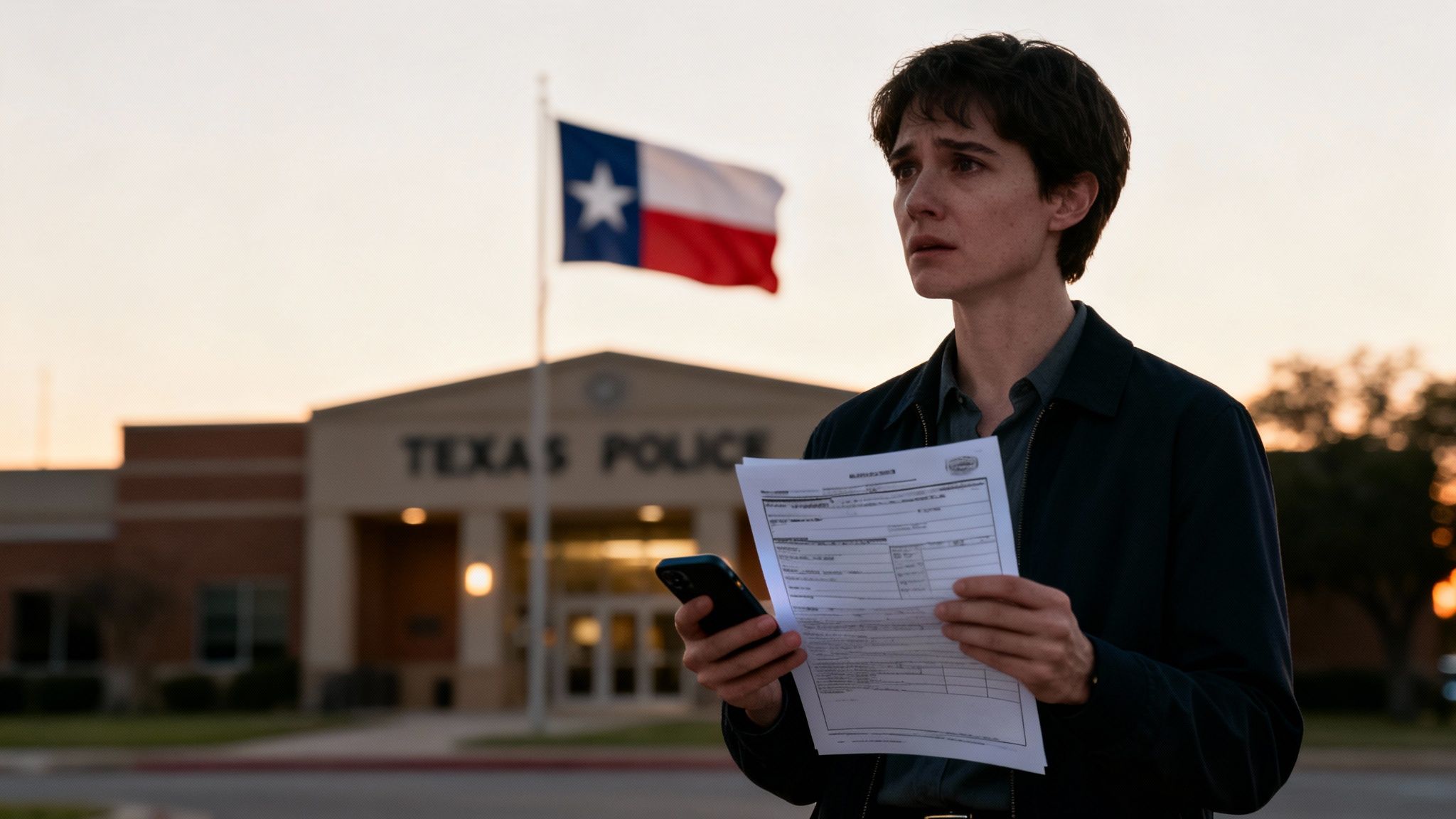 Person holding legal documents and smartphone outside a Texas police station, with the Texas flag in the background, representing the context of DWI arrests and legal challenges in Texas.