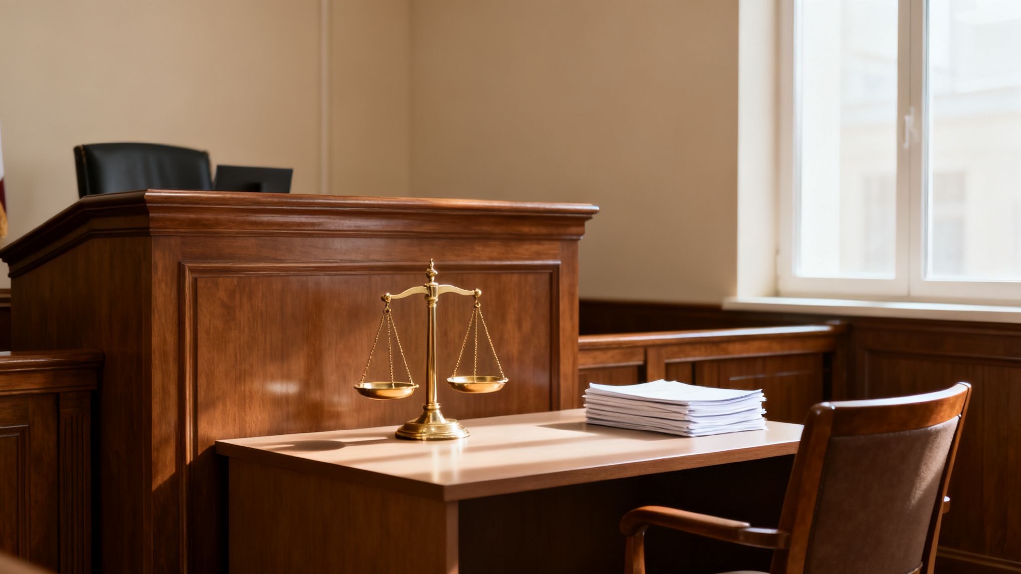 A solemn courtroom scene featuring a wooden judge's bench, a golden scale of justice, and a stack of legal papers on a desk.