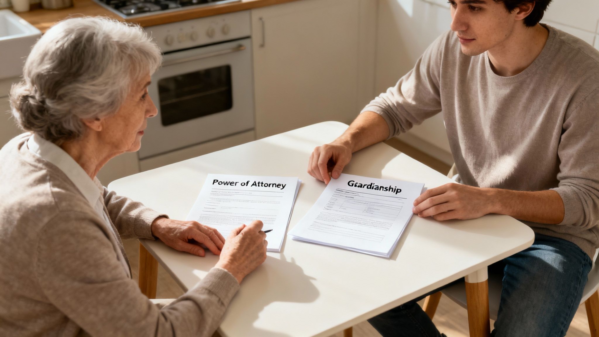 Elderly woman discussing legal documents labeled "Power of Attorney" and "Guardianship" with a young man at a kitchen table, emphasizing the choice between legal options for future planning.