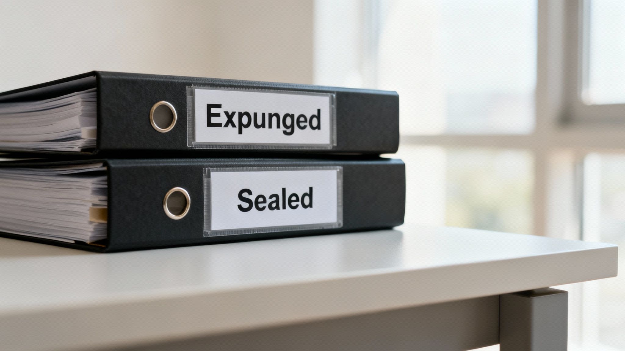 Two black binders, one labeled 'Expunged' and the other 'Sealed,' on a white desk.