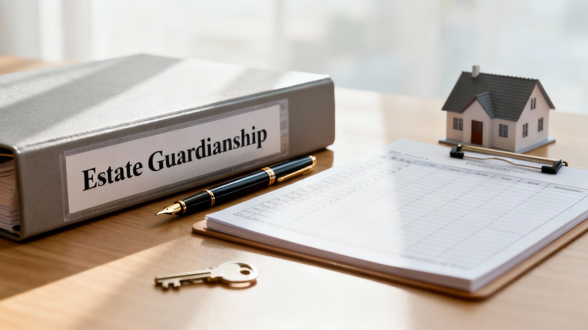A binder labeled 'Estate Guardianship' on a desk with a house model, key, and legal documents.