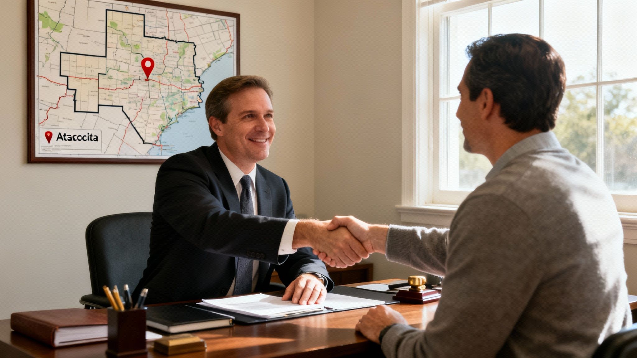 Two men, one in a suit, shake hands in an office with a map pointing to Atascocita.