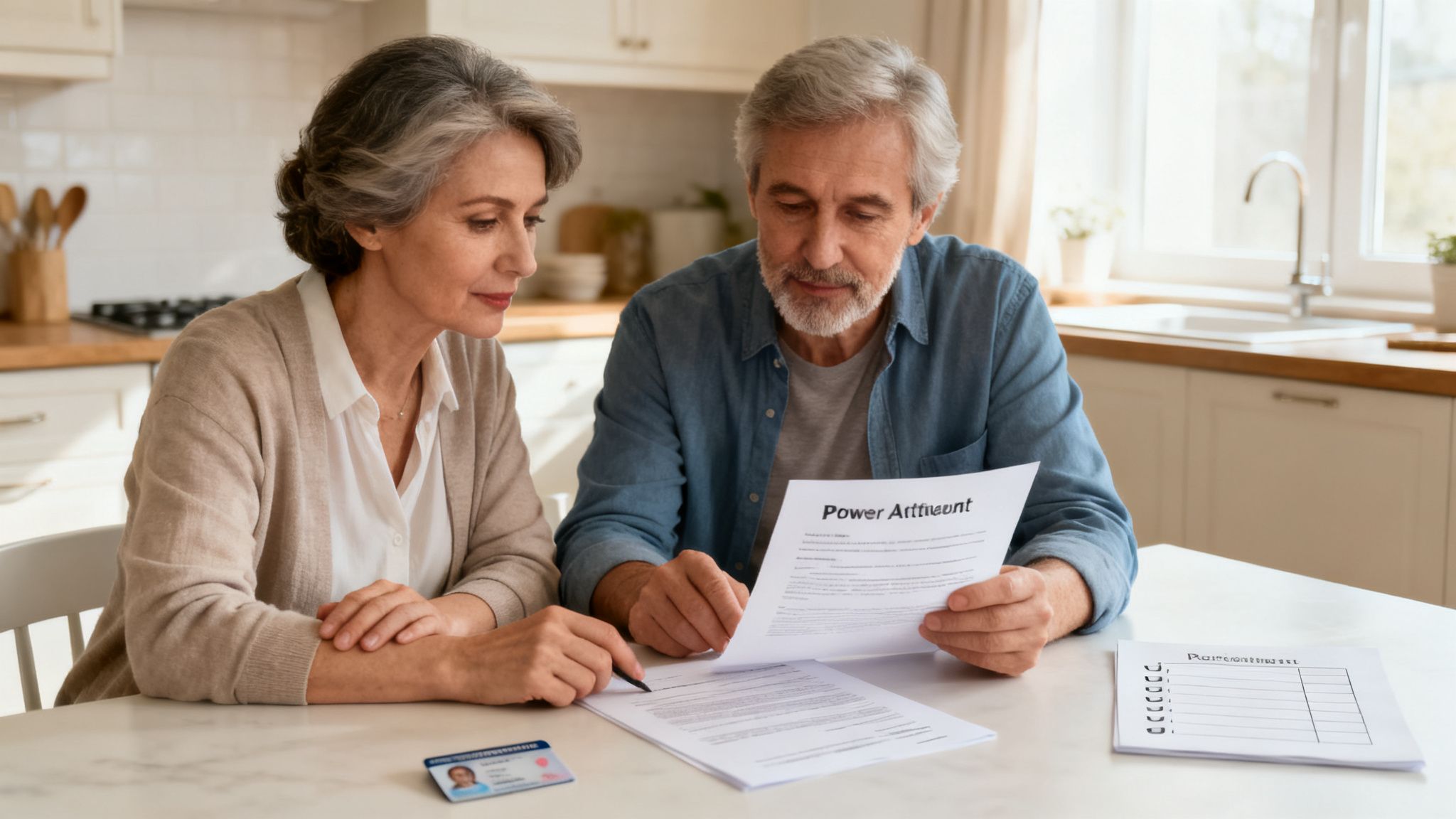 Un hombre y una mujer mayores discuten documentos, incluyendo uno de poder, en su cocina.