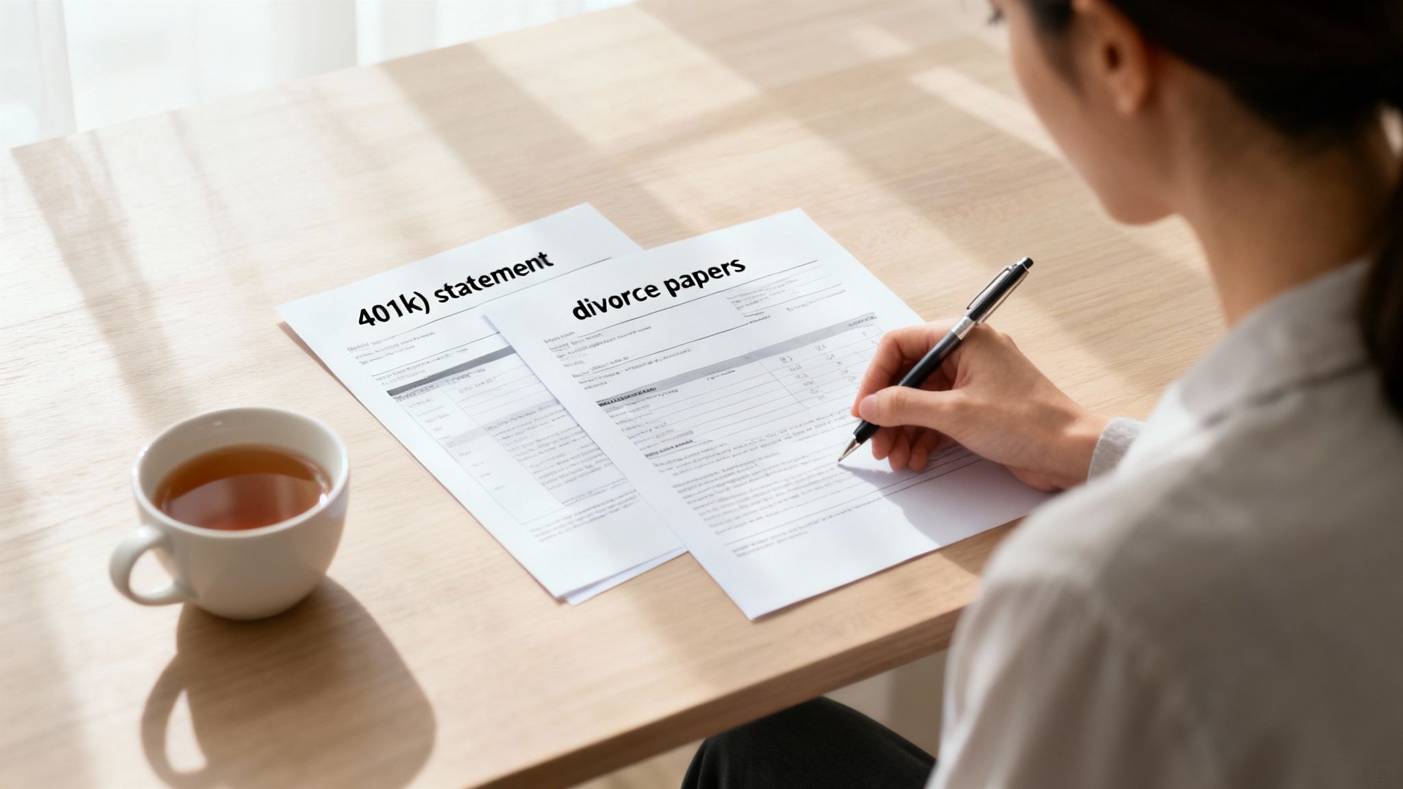 Woman reviewing divorce papers and 401(k) statement on a table with a cup of tea, illustrating financial considerations during divorce in Texas.