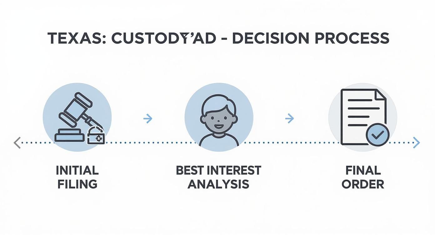 Flowchart illustrating the Texas child custody decision process: Initial Filing, Best Interest Analysis, Final Order.