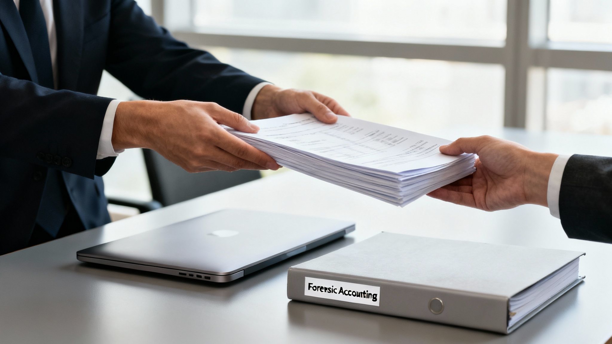 Two business professionals exchanging a large stack of financial documents over a desk with a laptop and a forensic accounting binder.