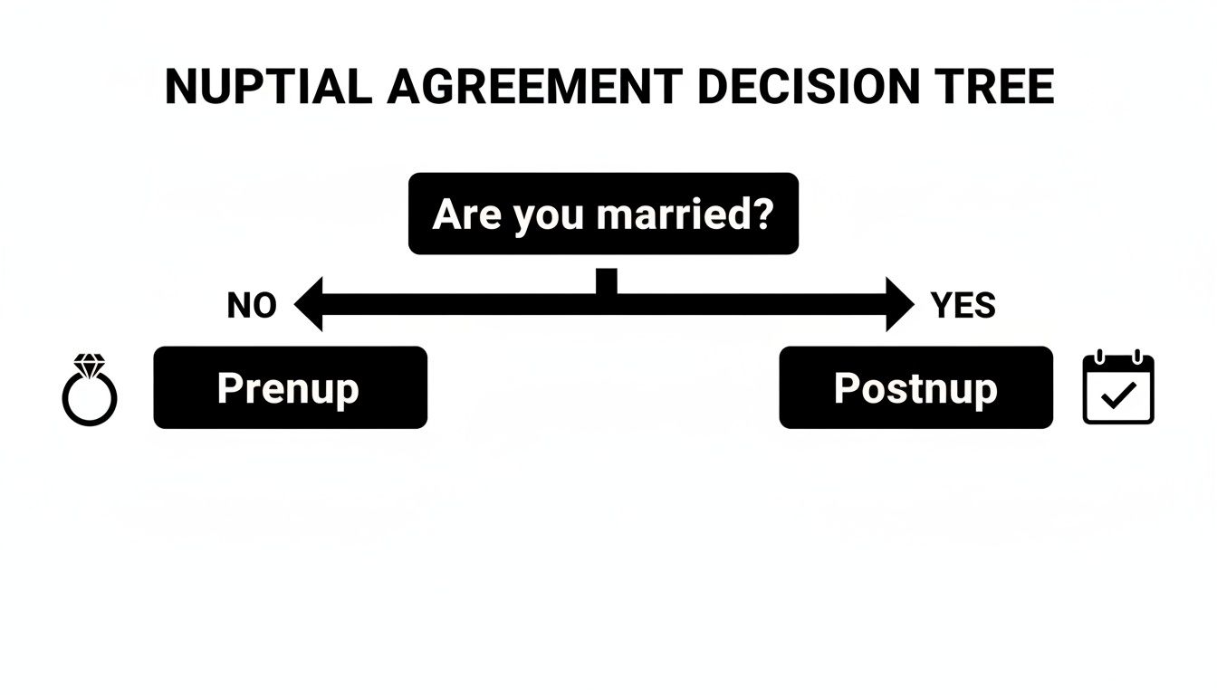 Nuptial agreement decision tree illustrating distinctions between prenuptial and postnuptial agreements based on marital status in Texas.