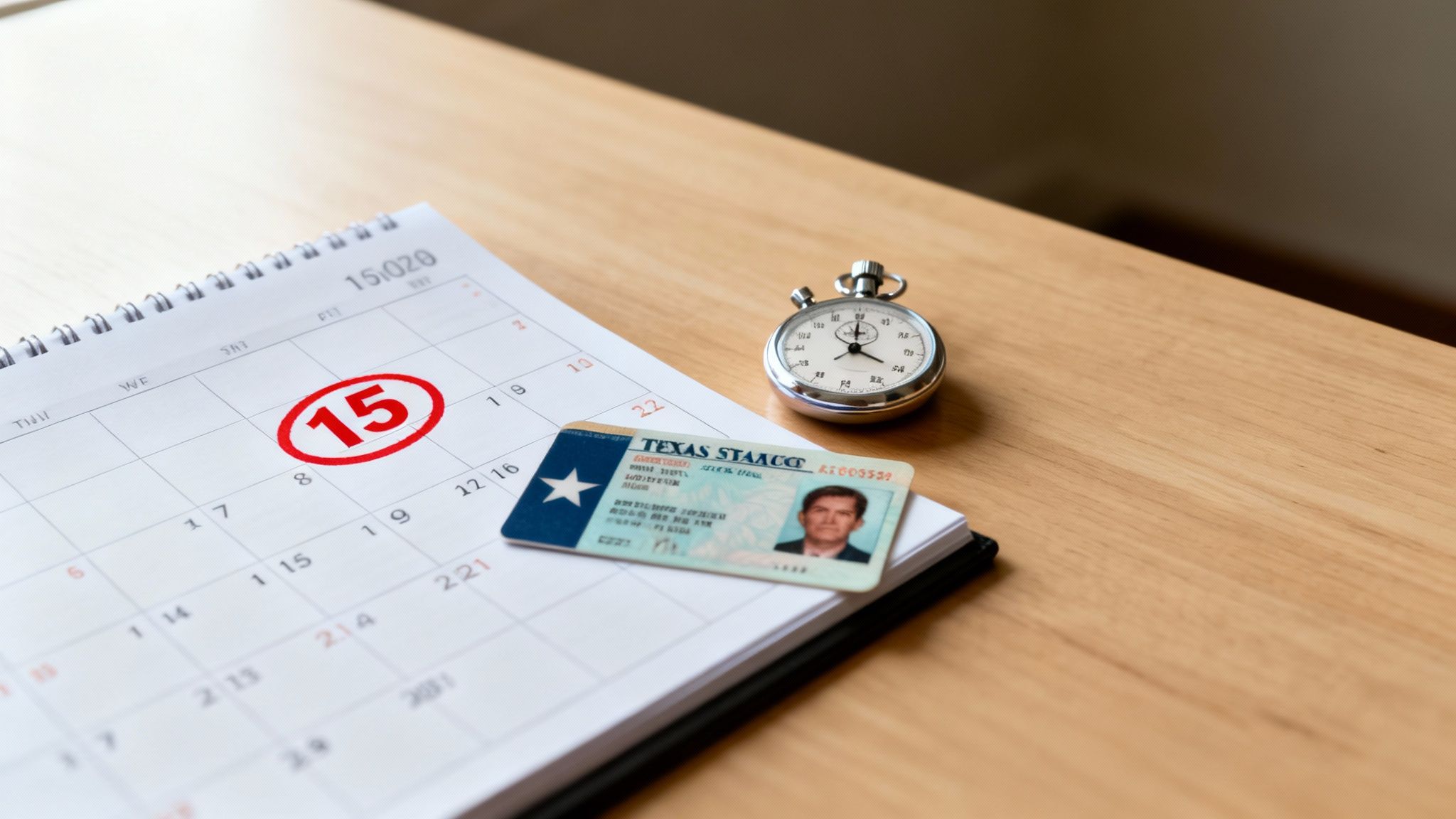 A Texas ID card, a stopwatch, and a calendar with the 15th circled, suggesting a deadline.