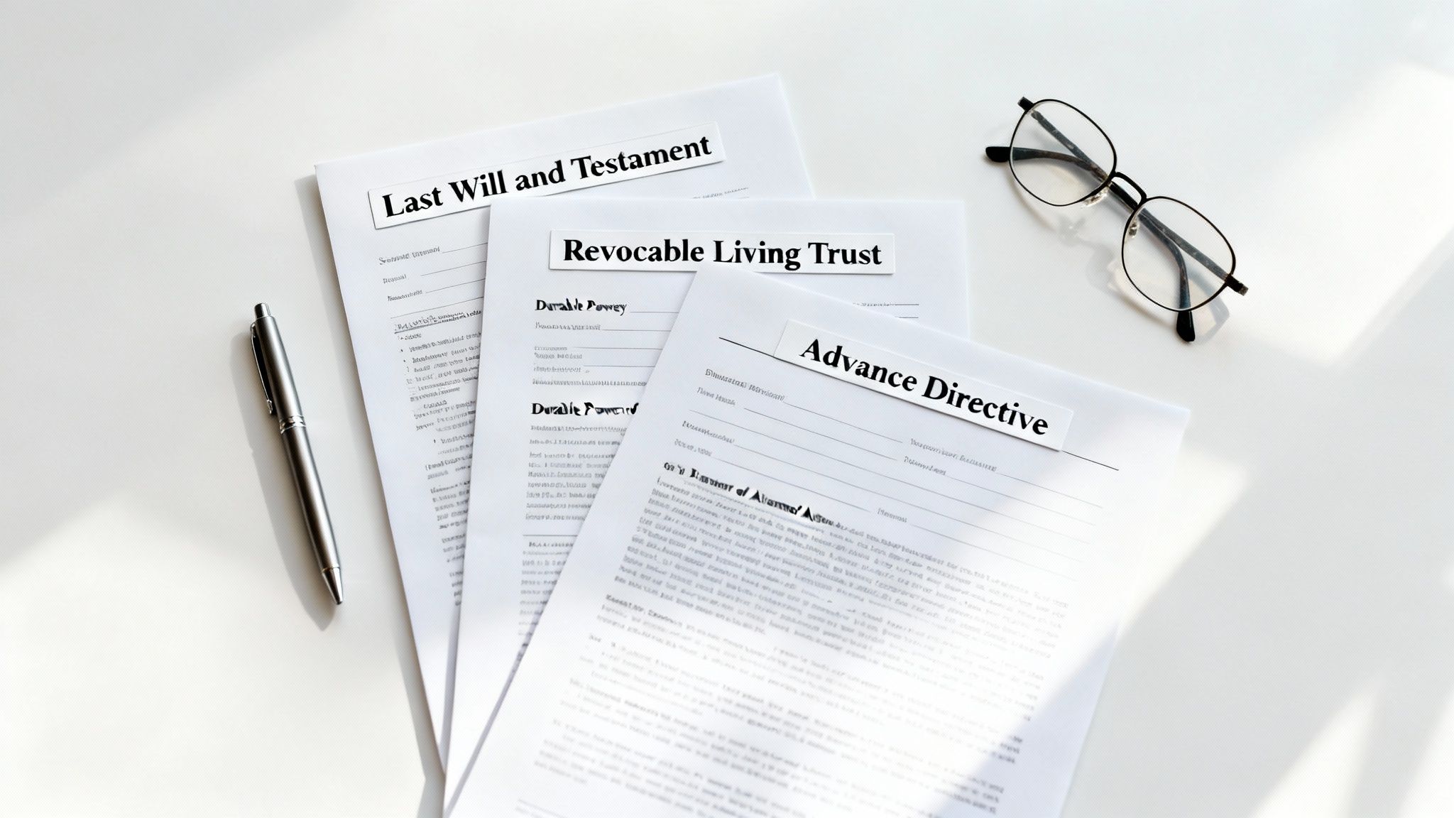 A flat lay shows essential estate planning documents including a will, trust, and advance directive with a pen and glasses.
