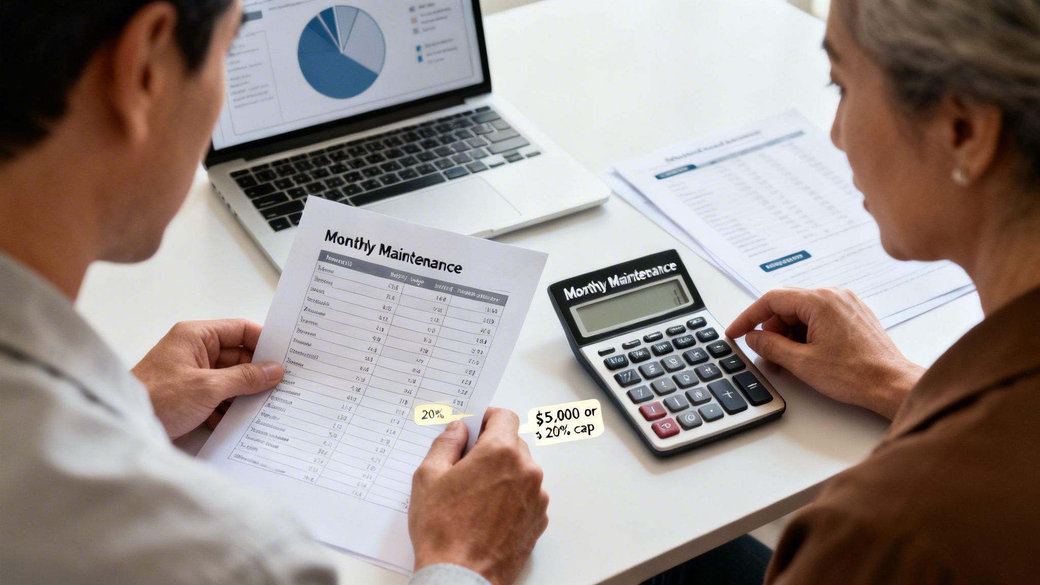 Two people review monthly maintenance documents and a calculator, discussing financial figures and caps.