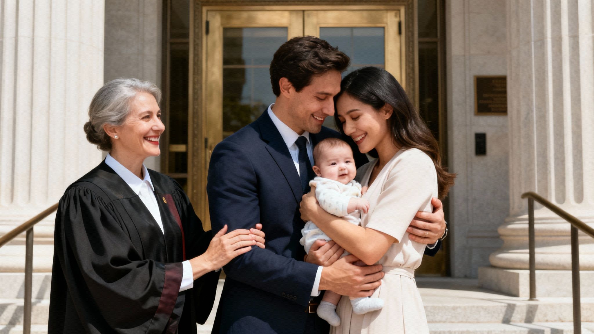 A smiling couple holding their baby, standing next to a judge in a black robe outside a building, possibly after an adoption.