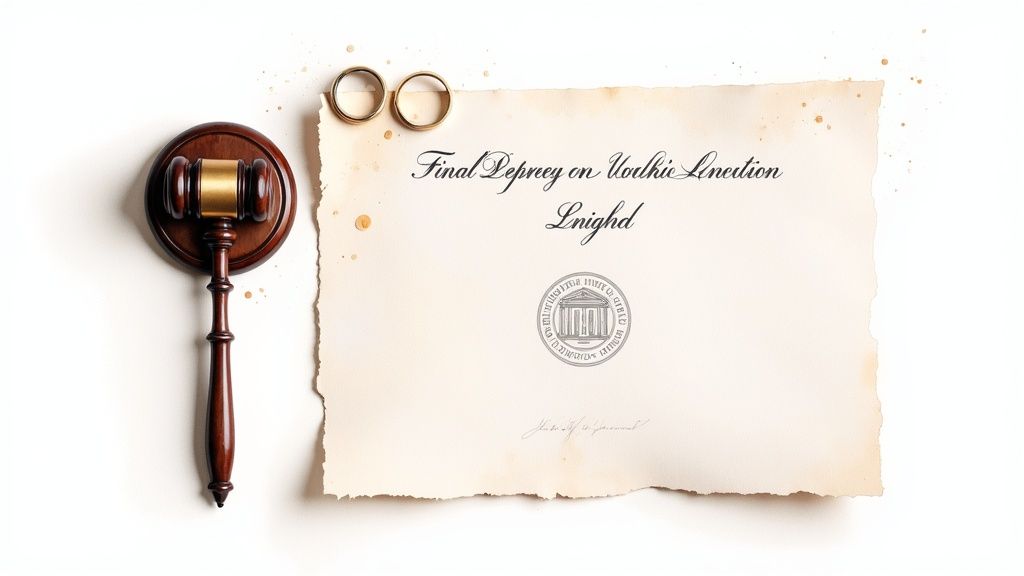 Final divorce decree document alongside a gavel and wedding rings, symbolizing the legal process of finalizing divorce in Texas.