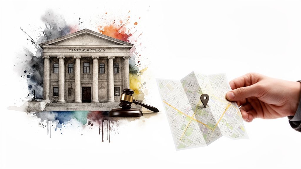 A watercolor-style courthouse building with a gavel, and a hand holding a map with a location pin.