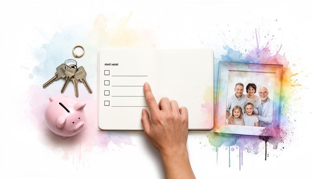 Hand pointing at a checklist in a notebook, surrounded by a piggy bank, keys, and a family photo, symbolizing estate planning considerations and family protection.