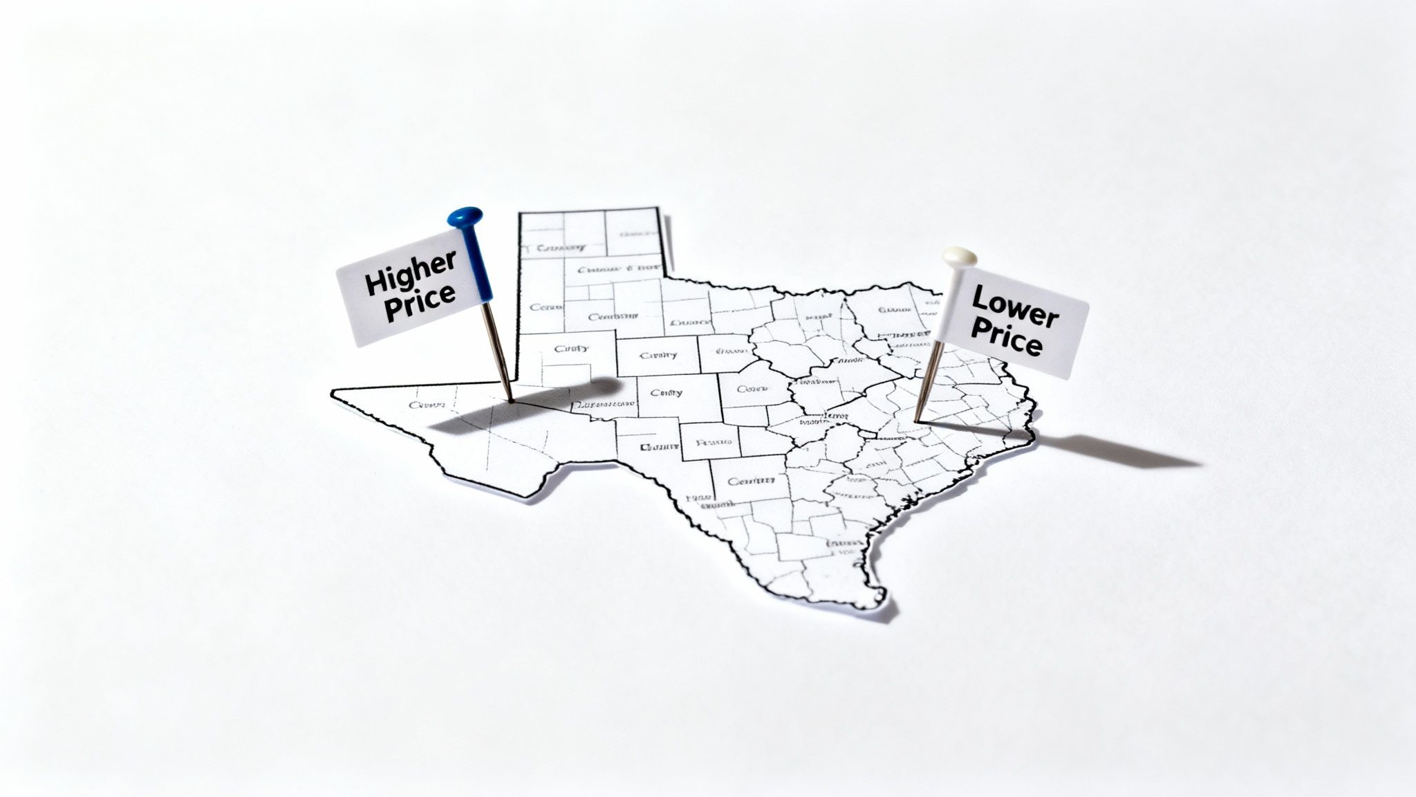 Map of Texas with 'Higher Price' in west and 'Lower Price' in east, showing regional cost differences.