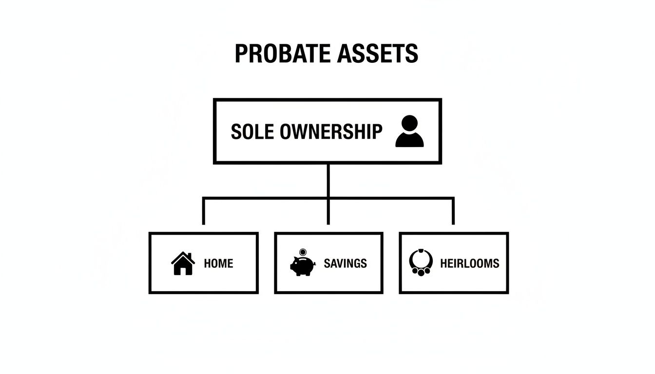Diagram showing probate assets under sole ownership, including home, savings, and heirlooms.