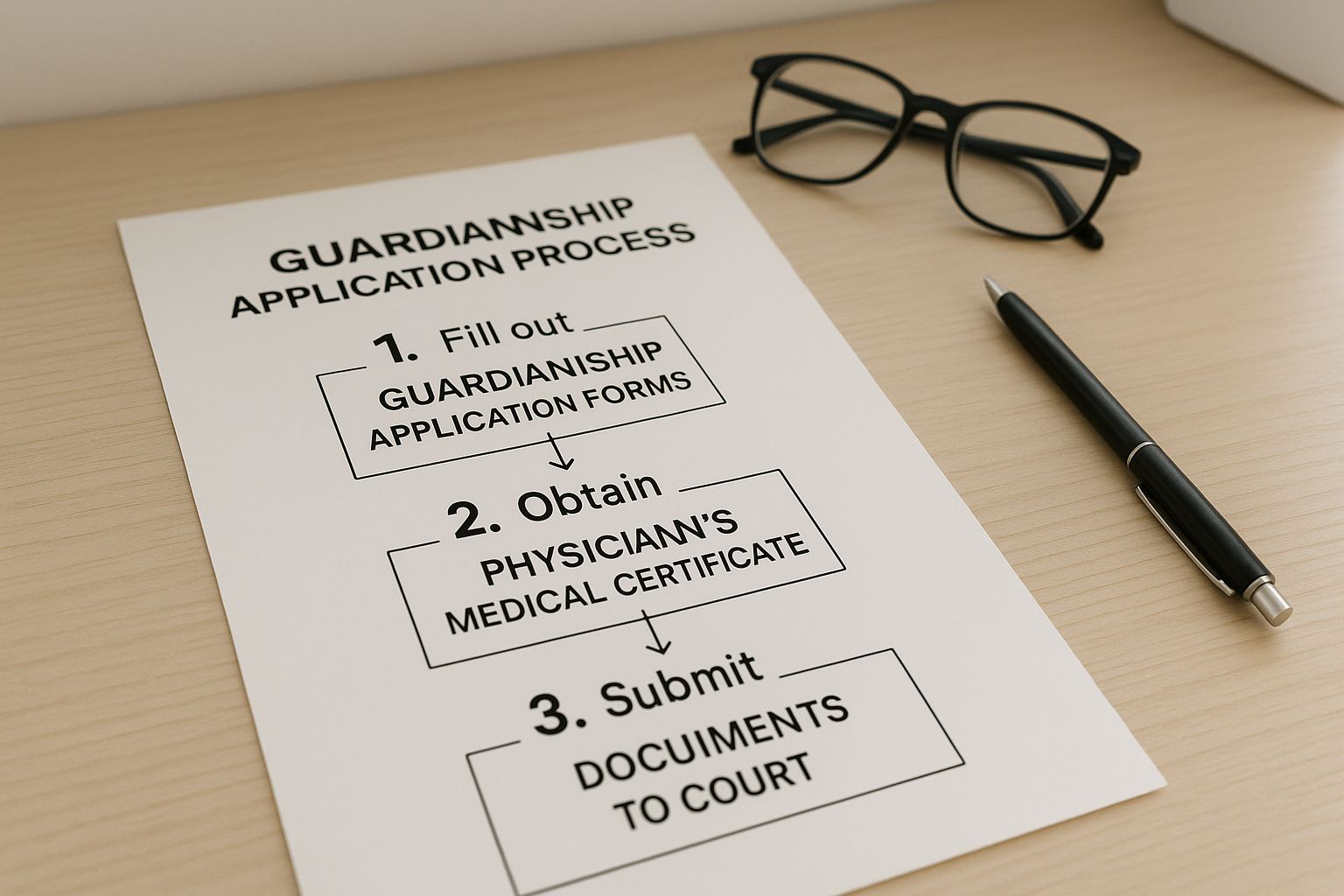 Infographic showing a desk with guardianship application forms and a medical certificate.