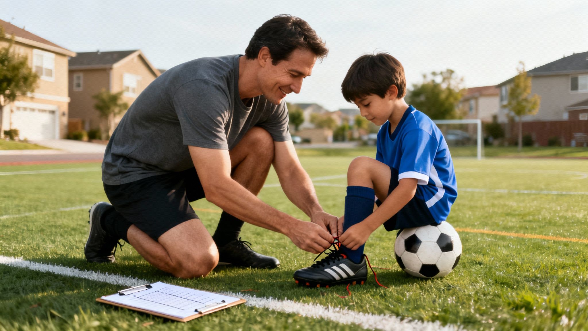 A smiling father kneels on a soccer field, tying his young son's cleats while the boy sits on a ball.