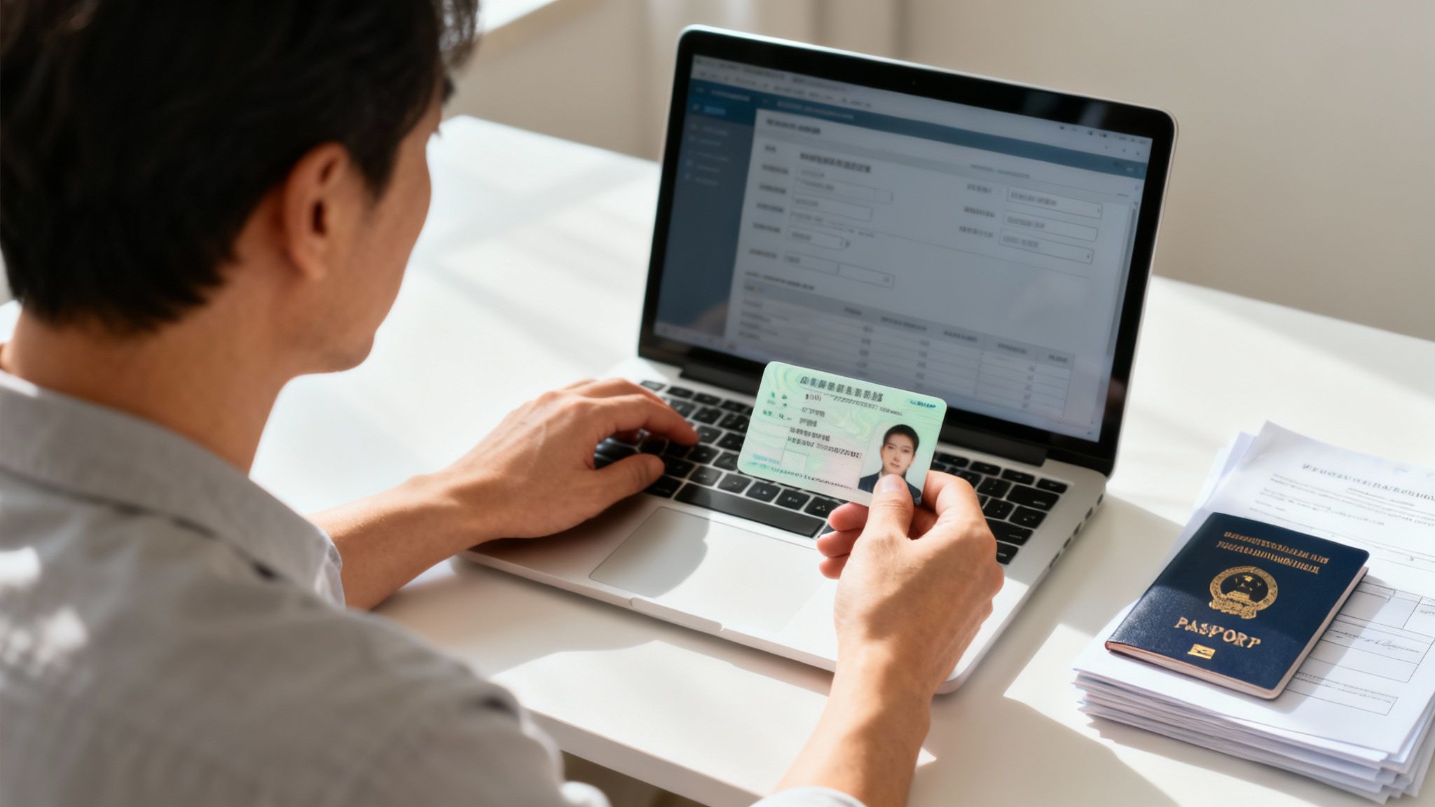 Person processing official documents online with an ID card, laptop, and passport.