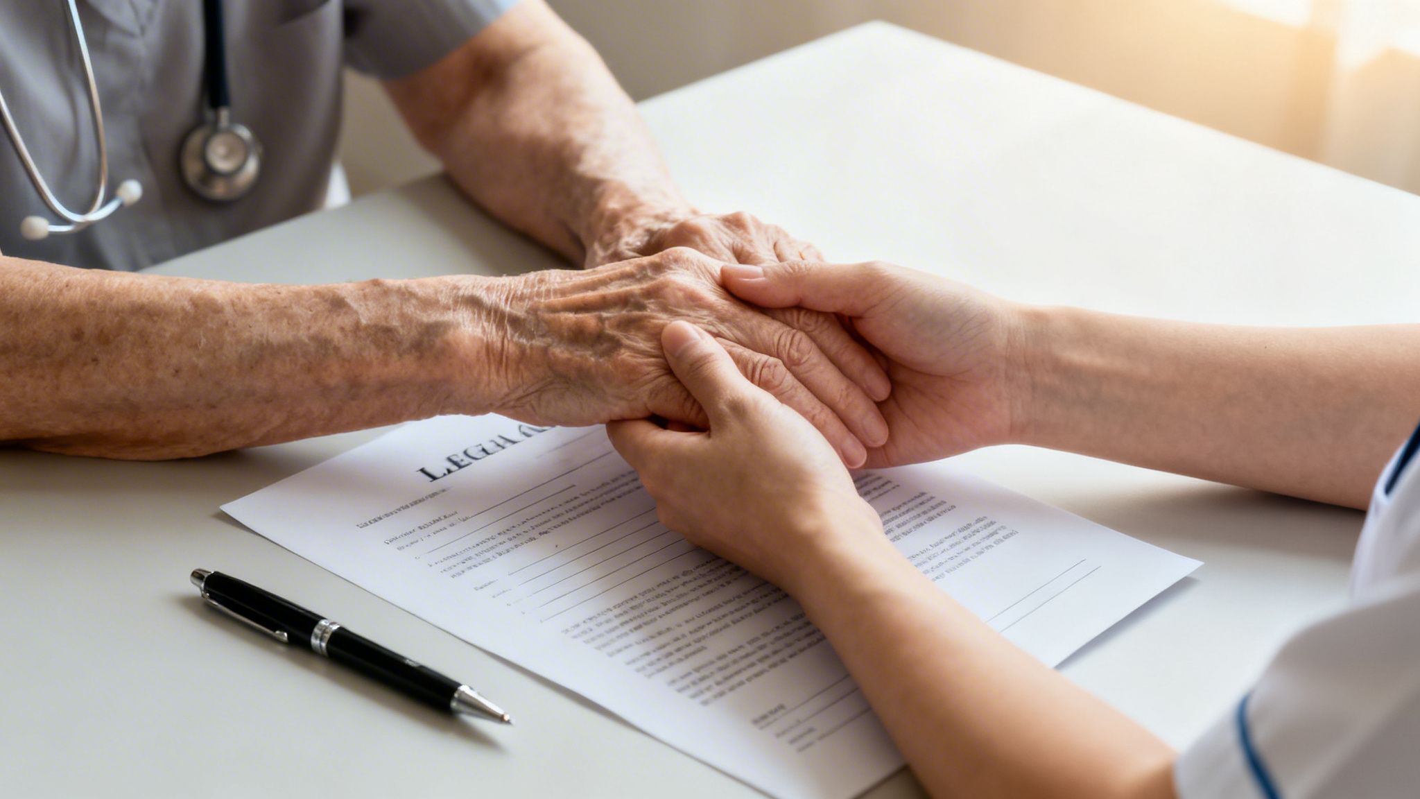 A younger person compassionately holds the hands of an elderly individual over a legal document on a table.