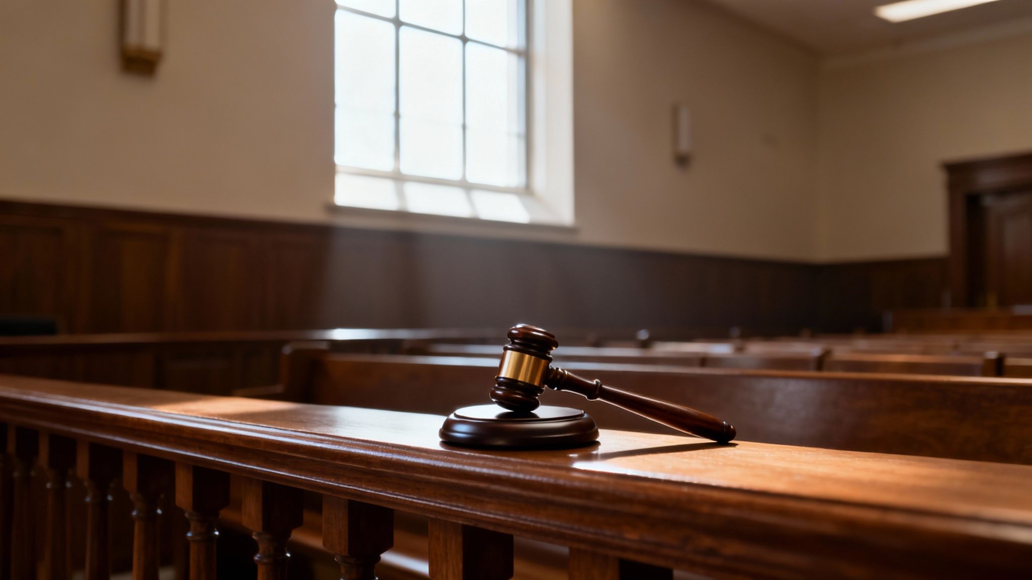 Wooden gavel resting on sound block in empty courtroom with natural window light