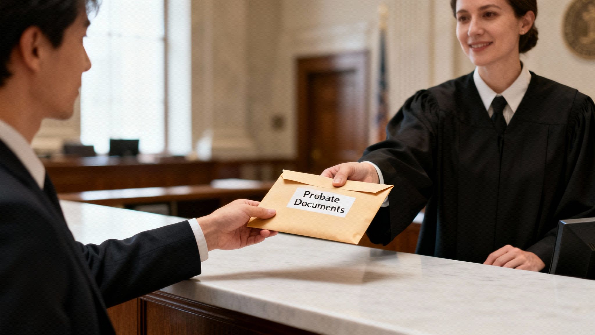 A smiling court official in a robe hands a man a 'Probate Documents' envelope.