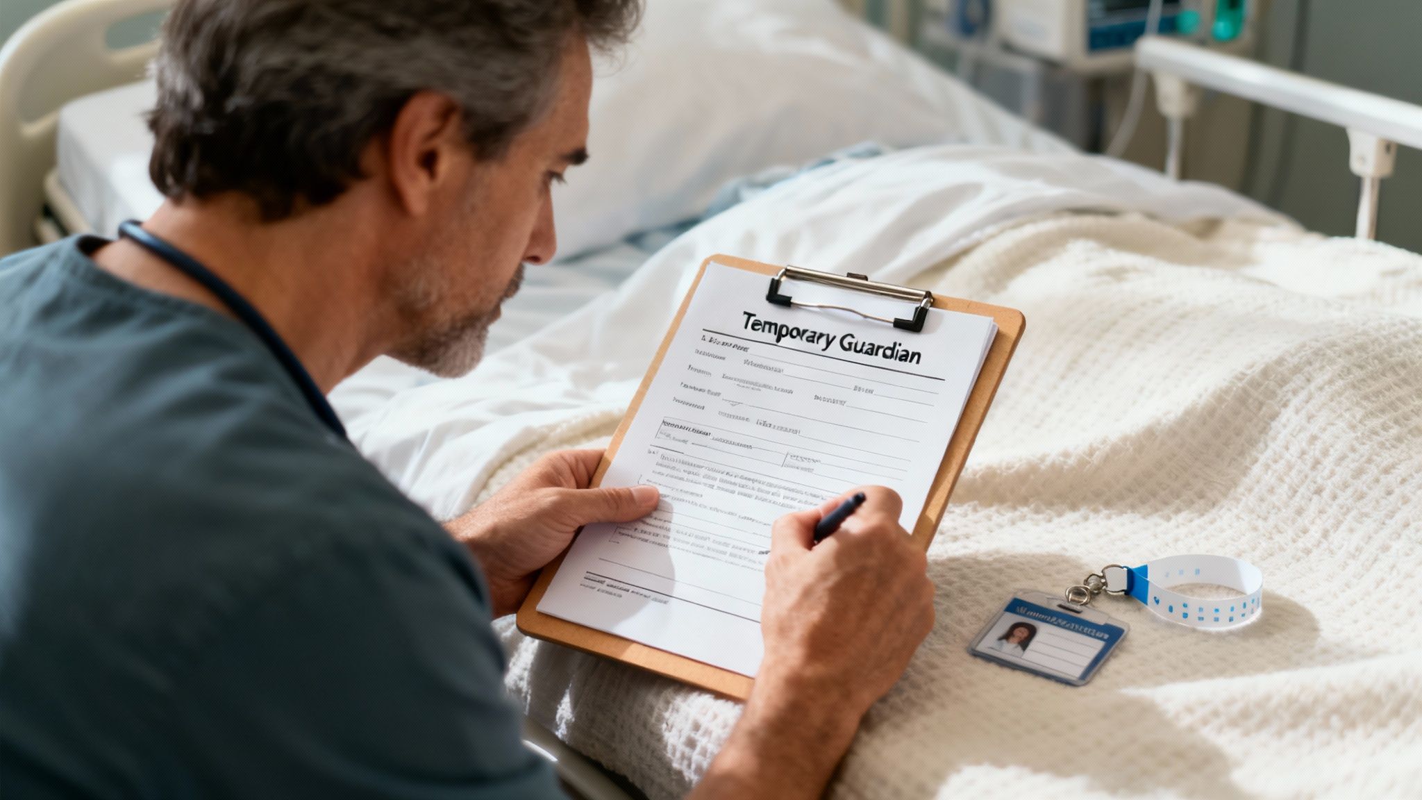 Medical professional filling out a temporary guardianship form in a hospital setting, emphasizing the need for legal documentation during emergencies.