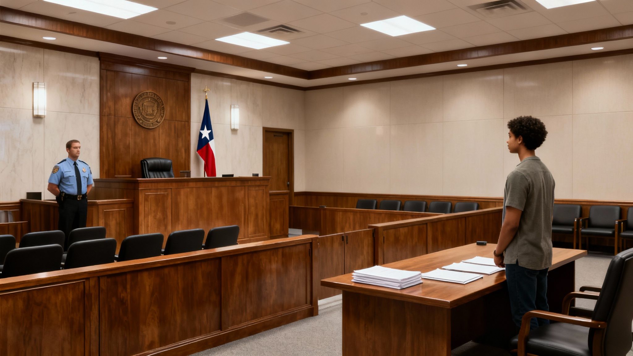 Inside a modern courtroom, a security guard and a young man await a hearing.