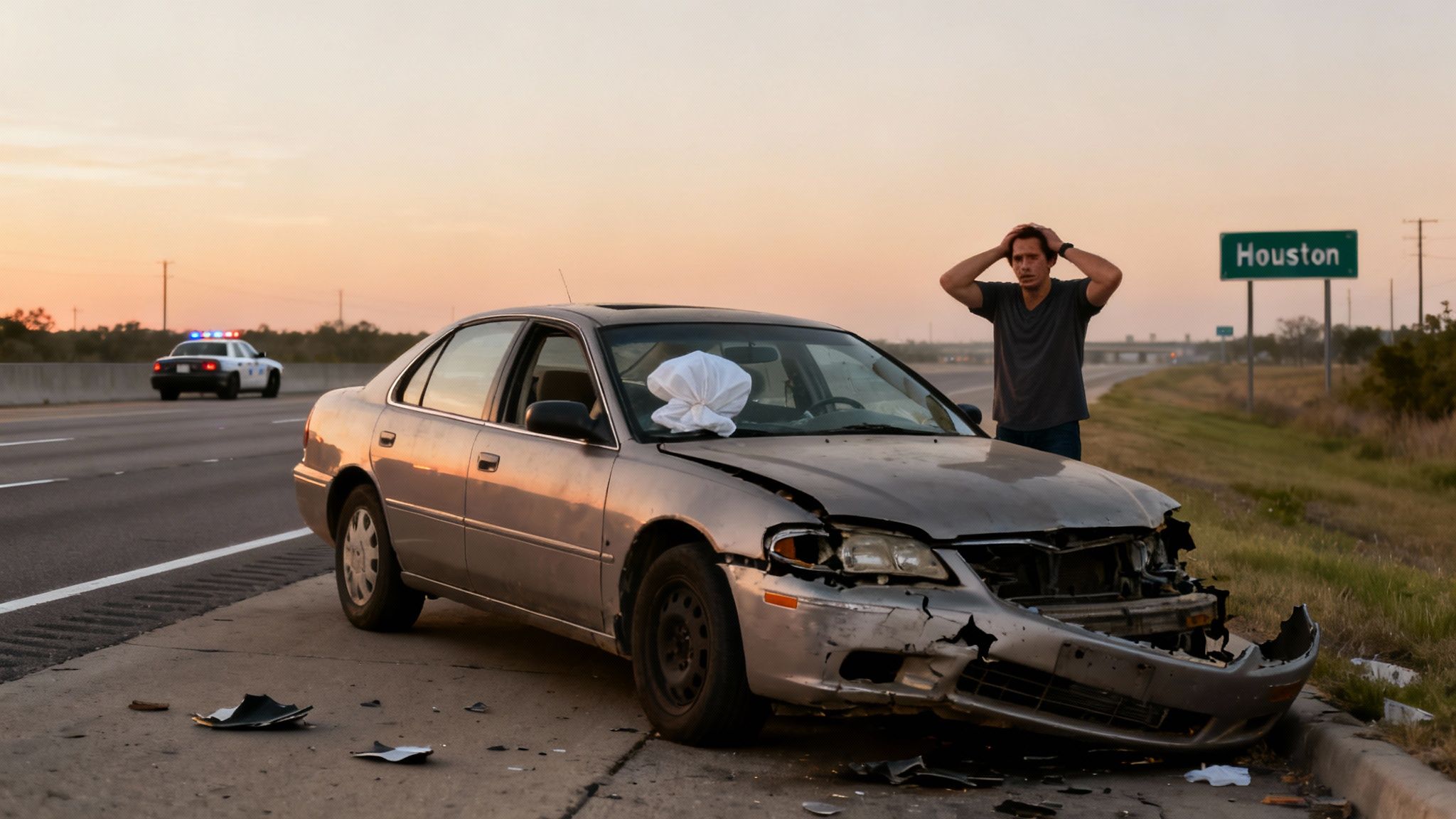 A distressed man stands next to a crashed car with a deployed airbag on a highway as a police car approaches.