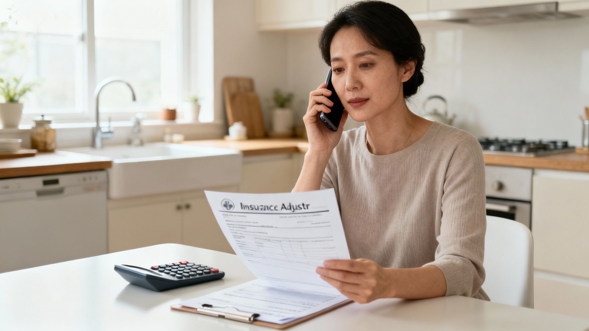 An Asian woman talks on a smartphone, reviewing an 'Insurance Adjustr' document with a calculator.