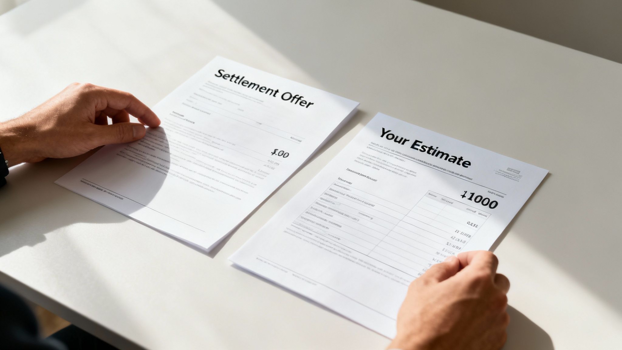 A person reviewing a legal document at a desk with a calculator and coffee.
