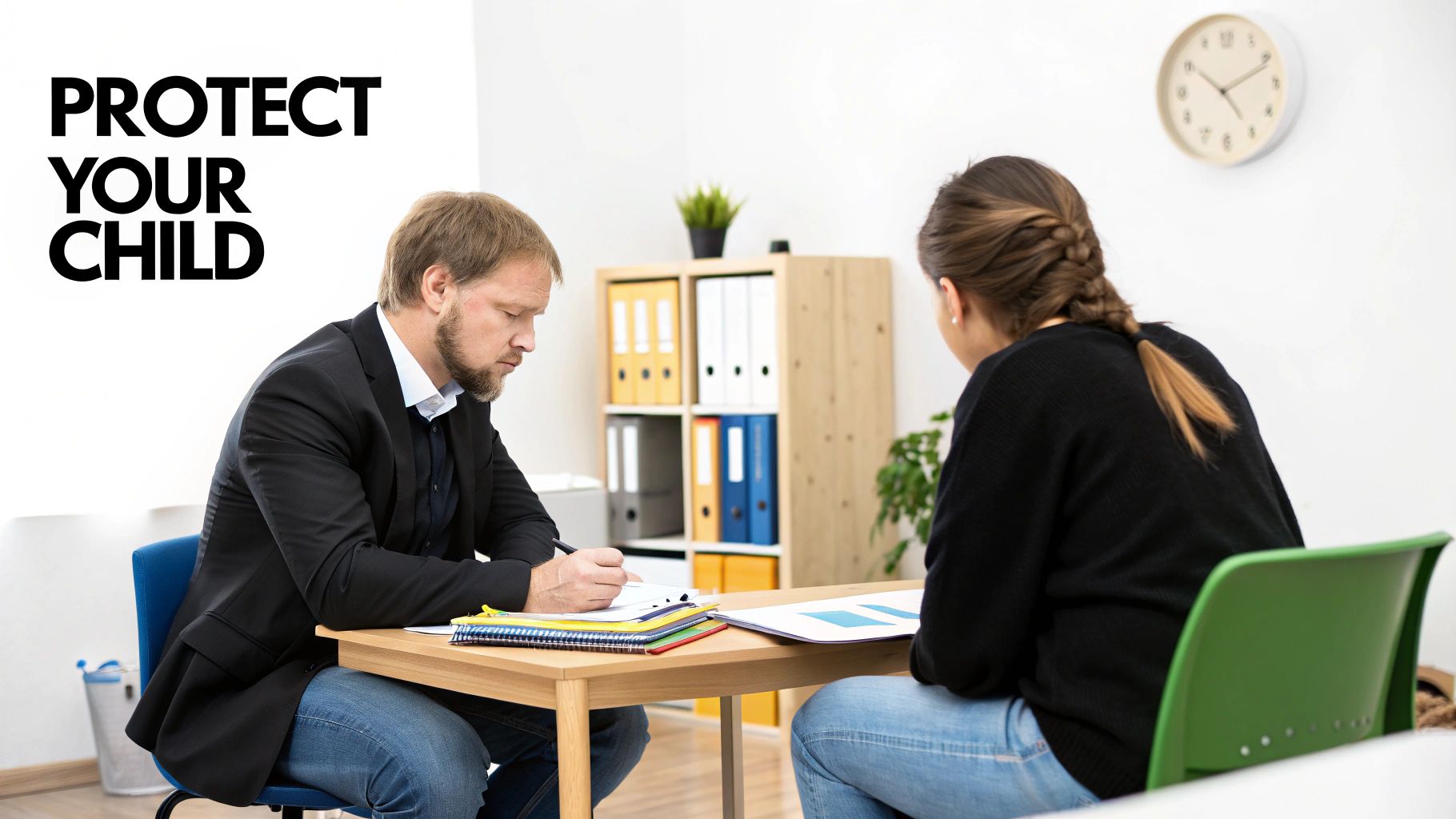 A legal professional consults with a parent about child protection and custody issues.