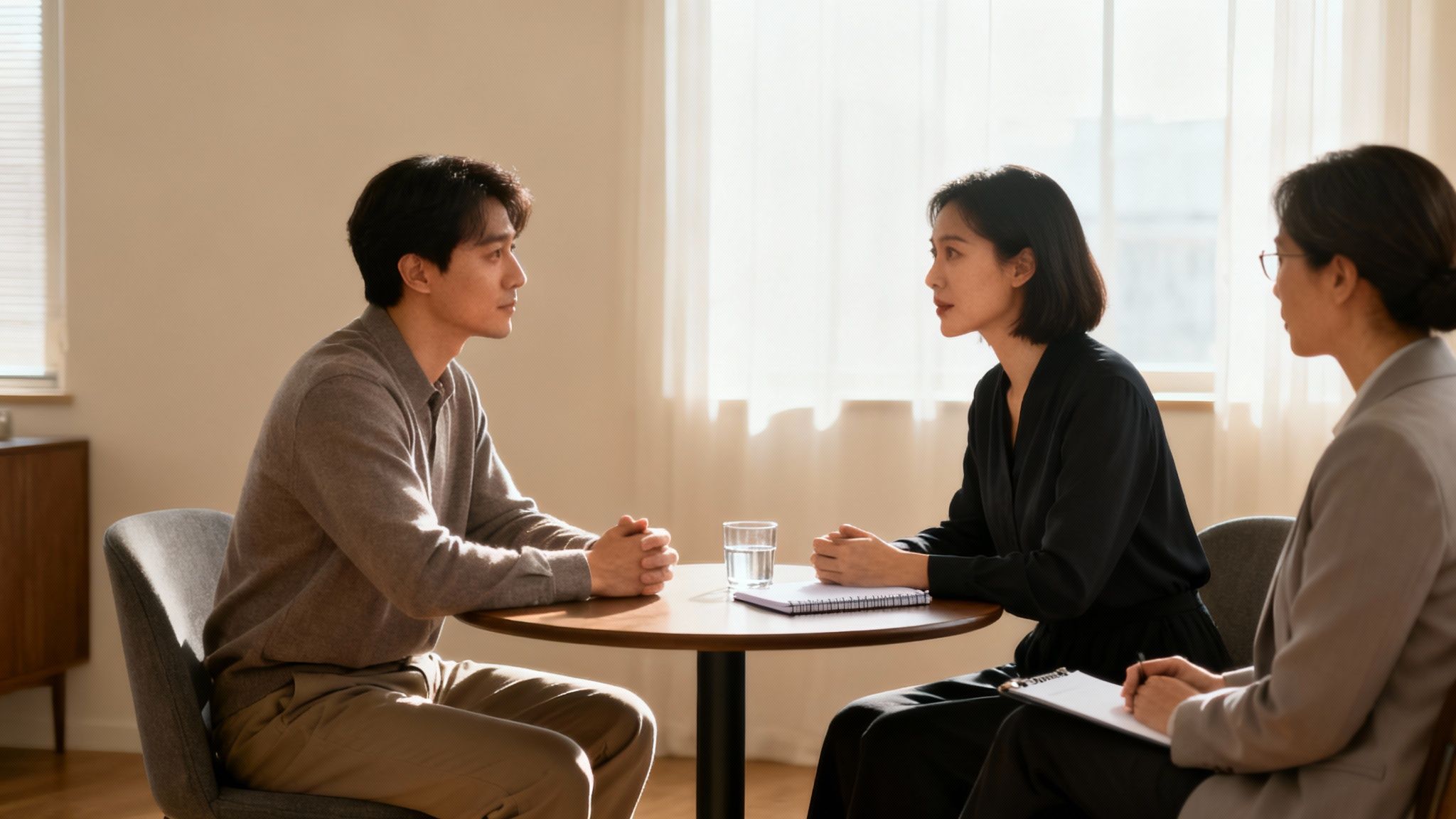 Three people, including two men and a woman, seated at a table during a professional mediation session.