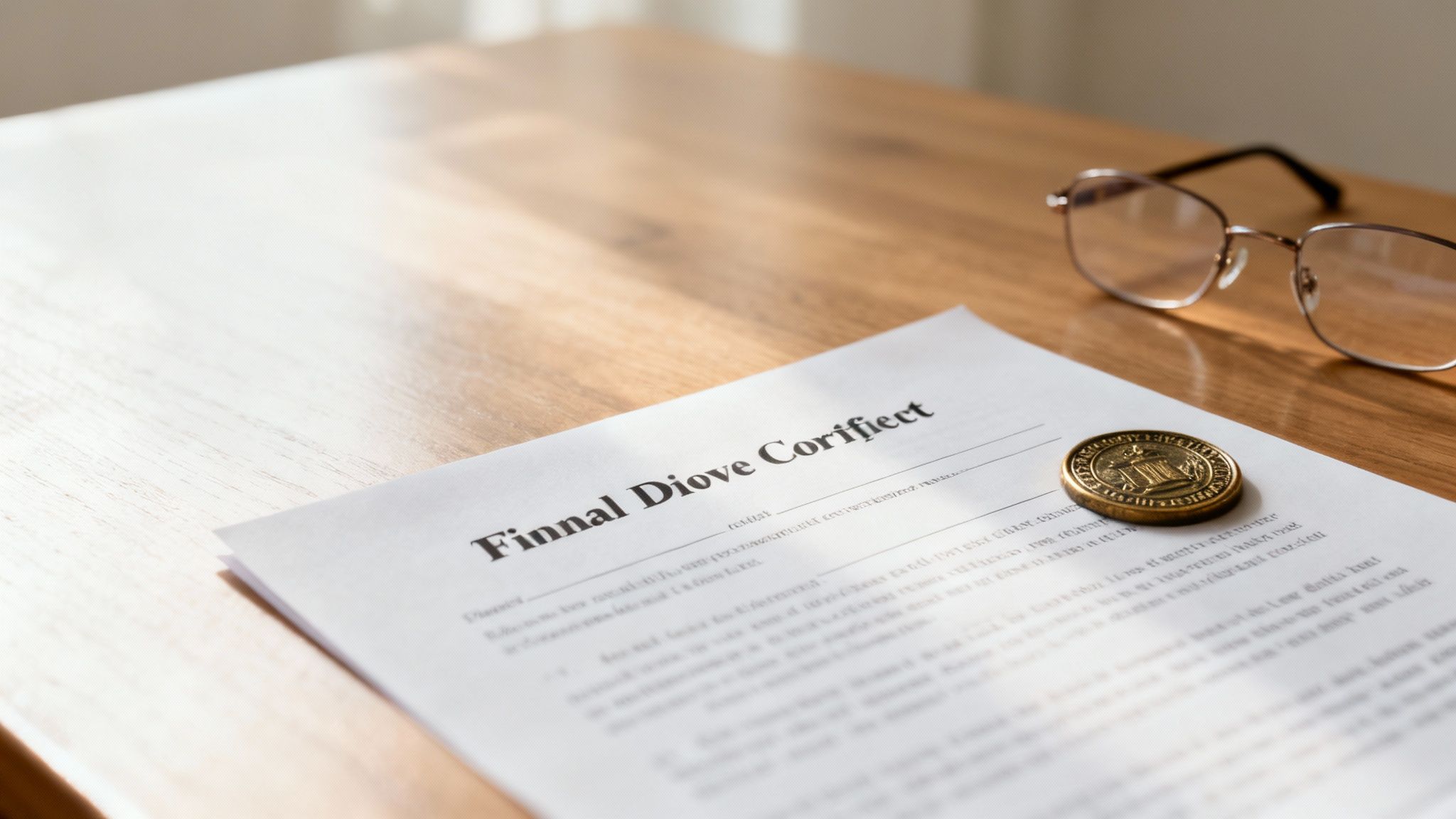 A person reviewing legal documents at a desk, representing the final divorce decree.