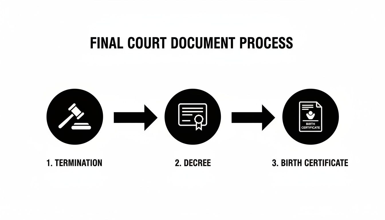 Flowchart showing the final court document process with steps: Termination, Decree, and Birth Certificate.