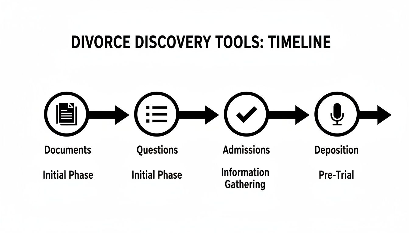 Timeline illustrating the four stages of divorce discovery: documents, questions, admissions, and deposition.