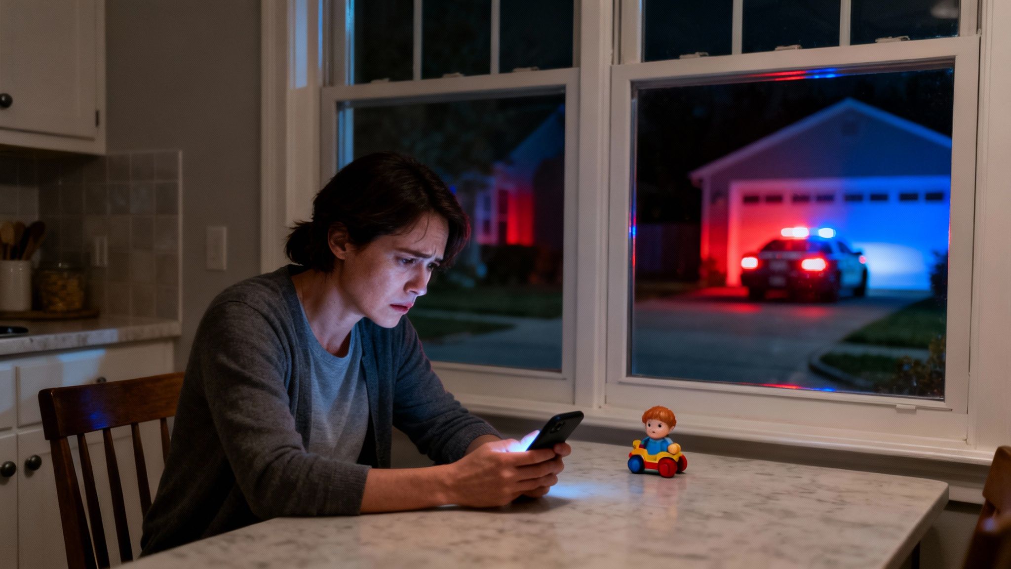A woman looks at her phone with concern as a police car with lights flashes outside her window.