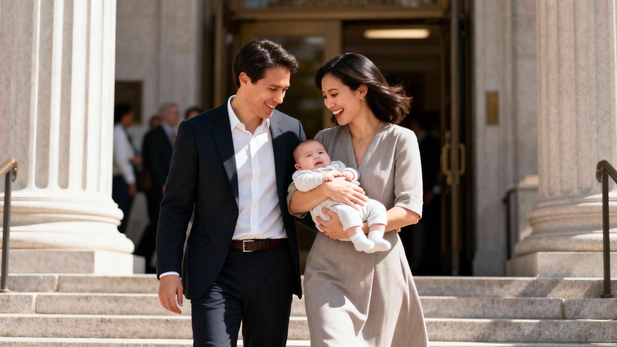 A joyful couple smiles, walking down stone steps with their infant baby in the woman's arms.