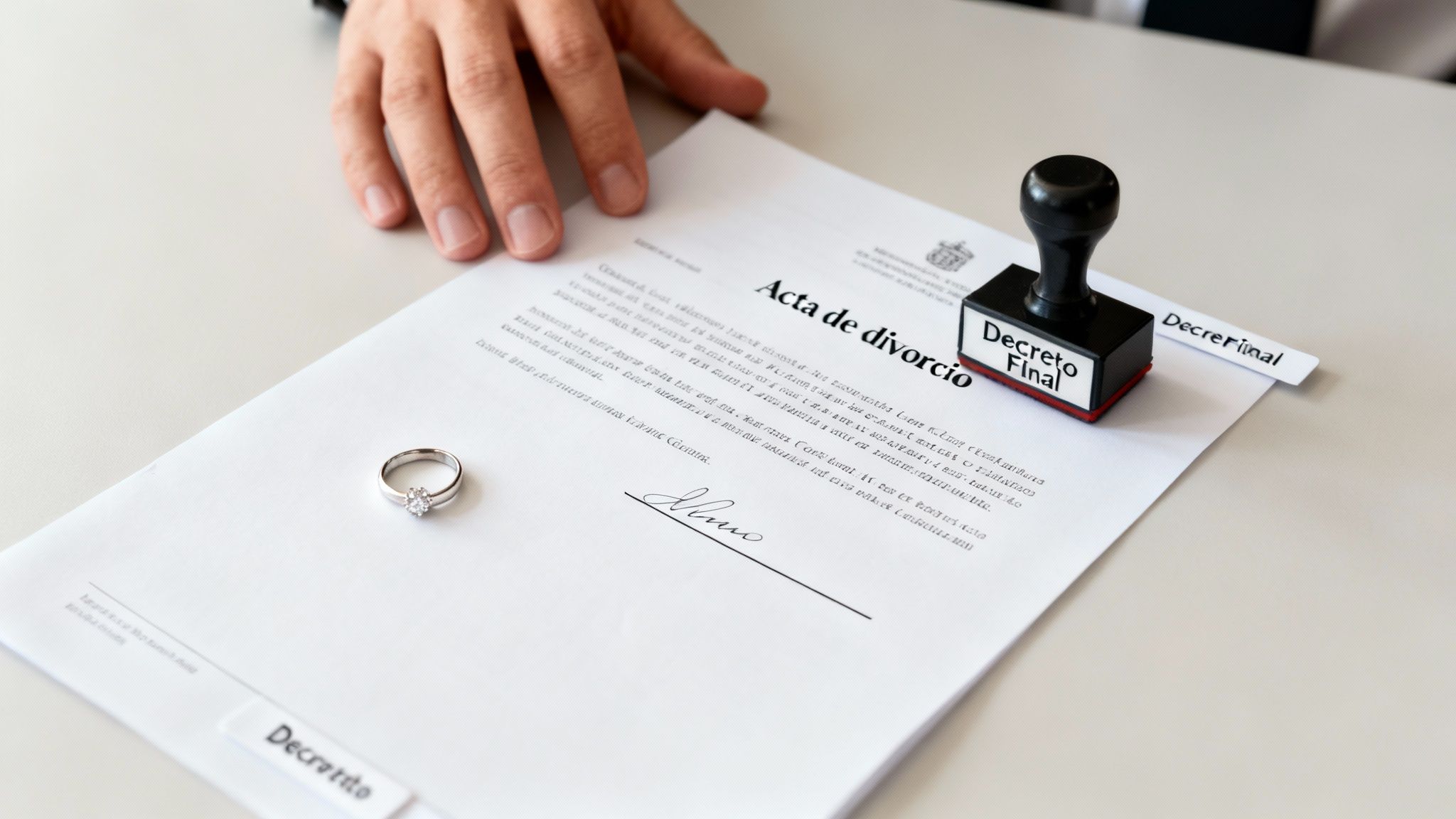 Documento de divorcio con anillo, sello de 'Decreto Final' y manos, marcando el fin del matrimonio.