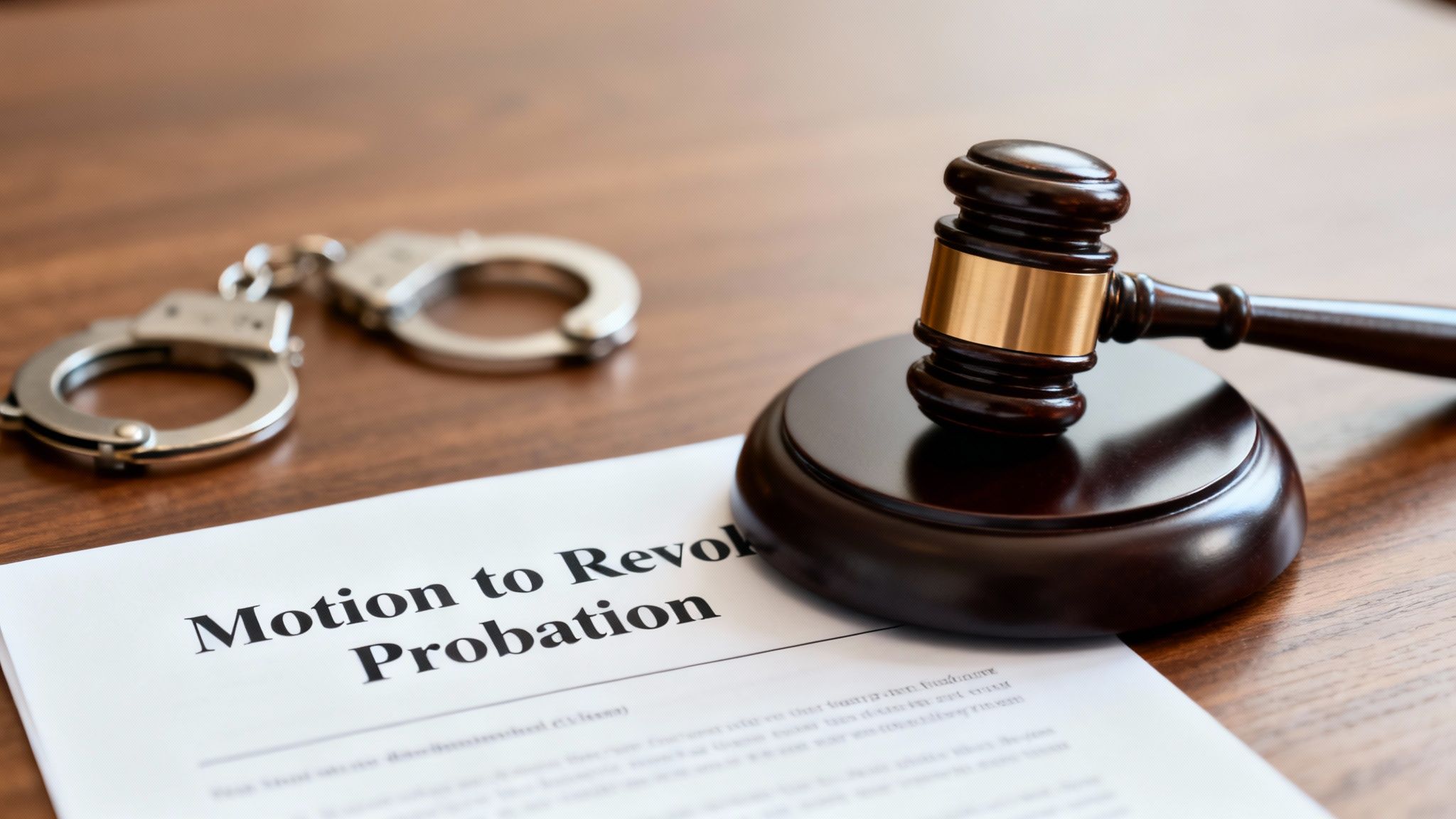 A gavel, handcuffs, and a 'Motion to Revoke Probation' document on a wooden table.