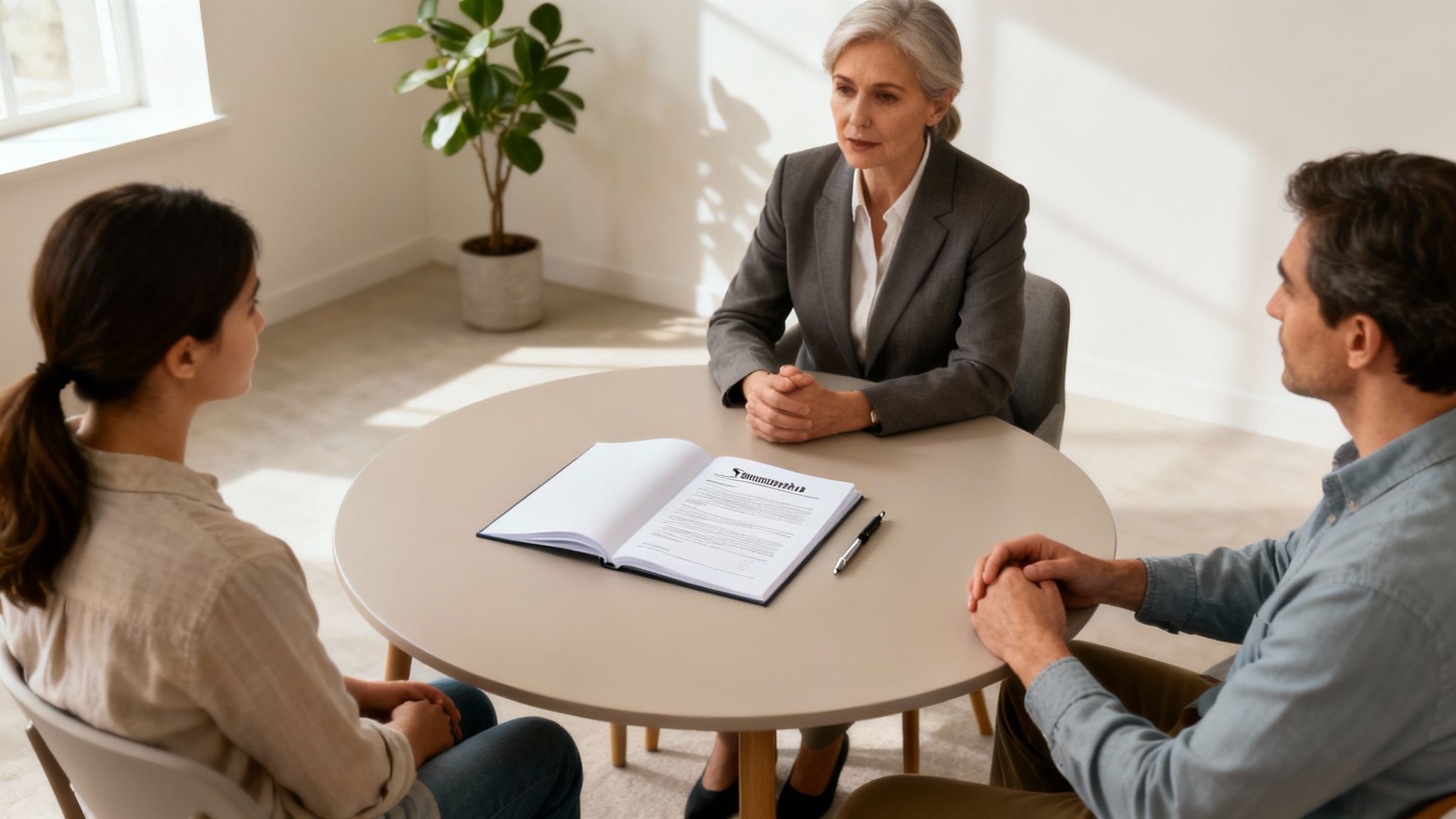 Professional estate planning attorney discussing trust agreement with couple during legal consultation meeting