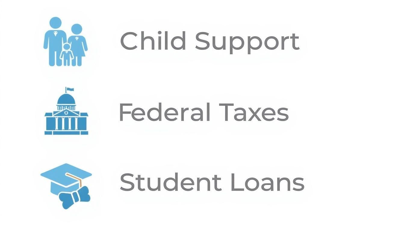 Icons and text listing common financial obligations: Child Support, Federal Taxes, and Student Loans.