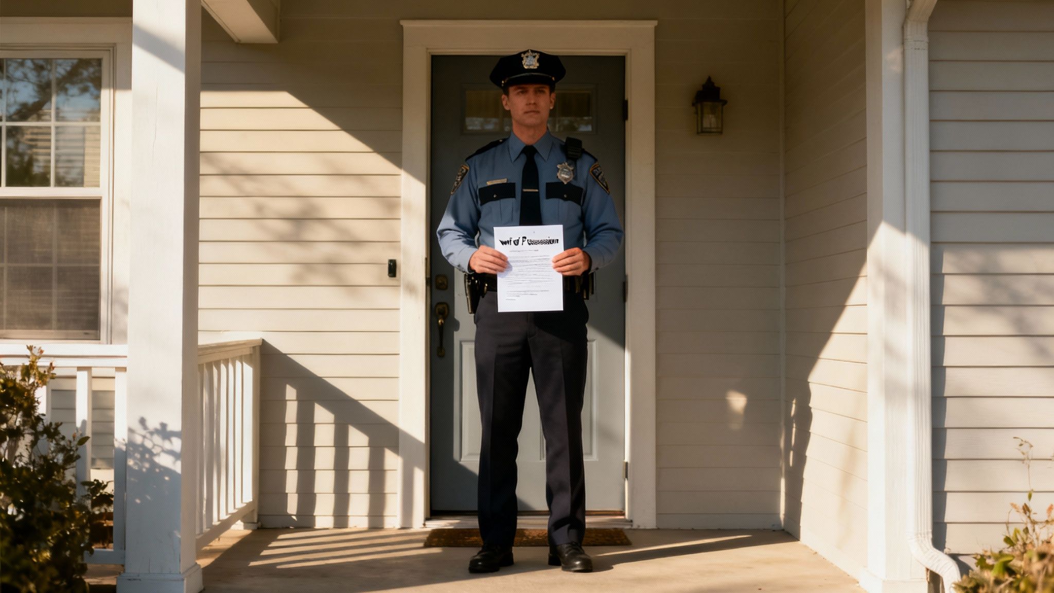 Police officer holding a Writ of Possession at a residential doorstep, symbolizing the enforcement of eviction rights for landlords in Texas.